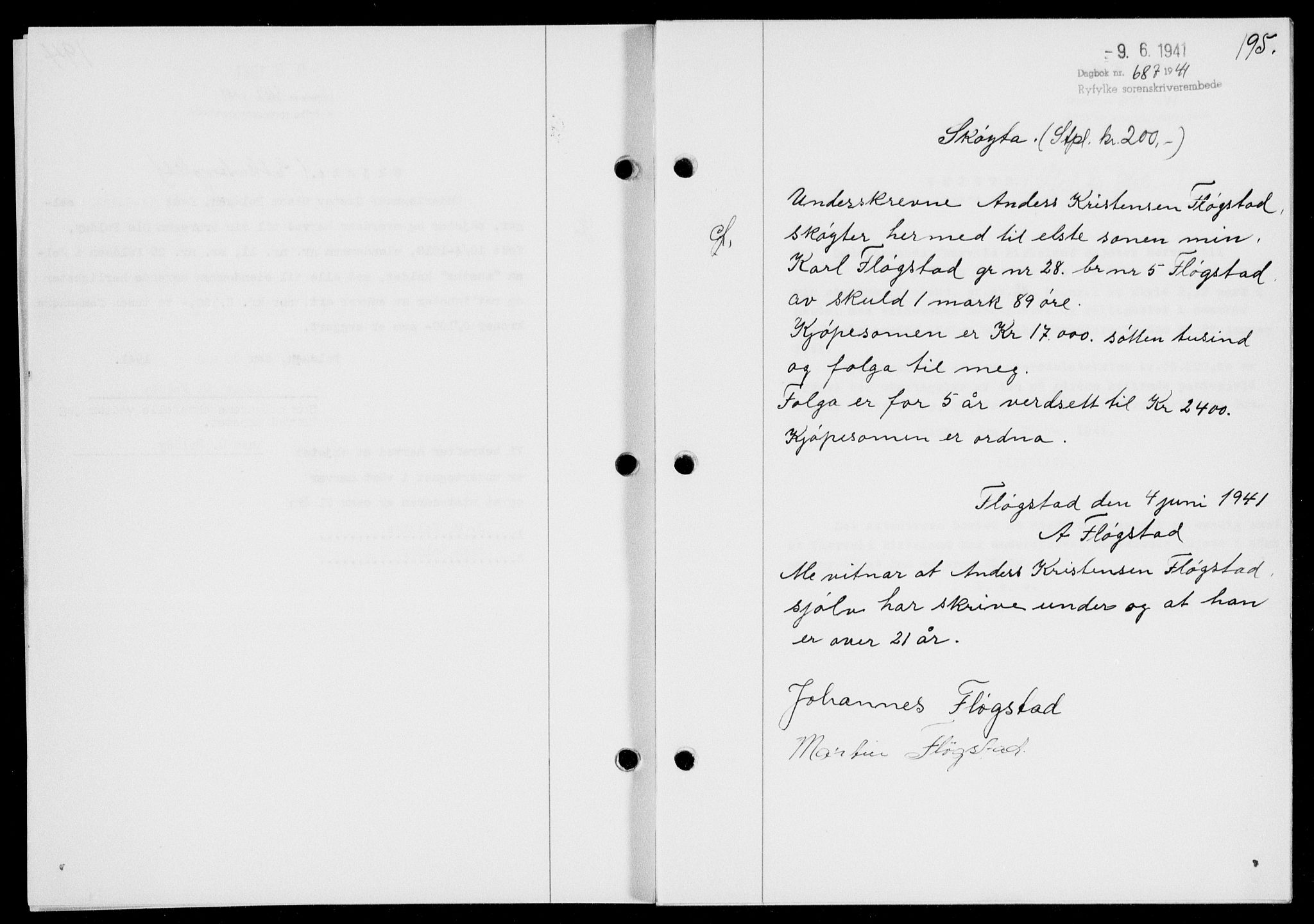 Ryfylke tingrett, SAST/A-100055/001/II/IIB/L0085: Mortgage book no. 64, 1941-1941, Diary no: : 687/1941
