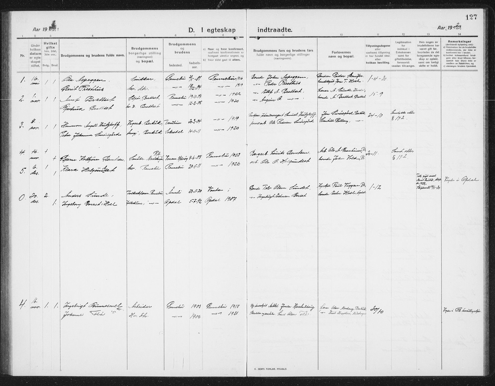 Ministerialprotokoller, klokkerbøker og fødselsregistre - Sør-Trøndelag, SAT/A-1456/675/L0888: Parish register (copy) no. 675C01, 1913-1935, p. 127