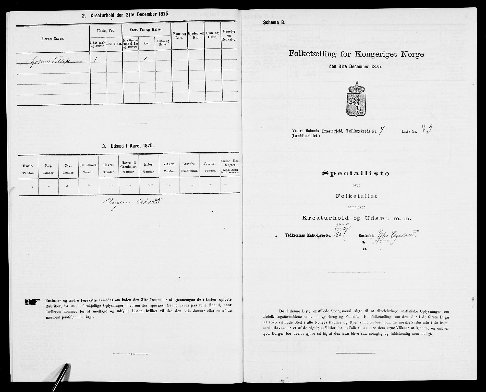 SAK, 1875 census for 0926L Vestre Moland/Vestre Moland, 1875, p. 564