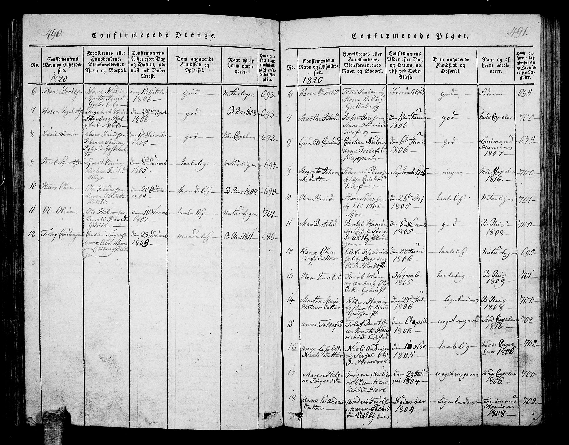 Hof kirkebøker, AV/SAKO-A-64/G/Ga/L0001: Parish register (copy) no. I 1, 1814-1844, p. 490-491