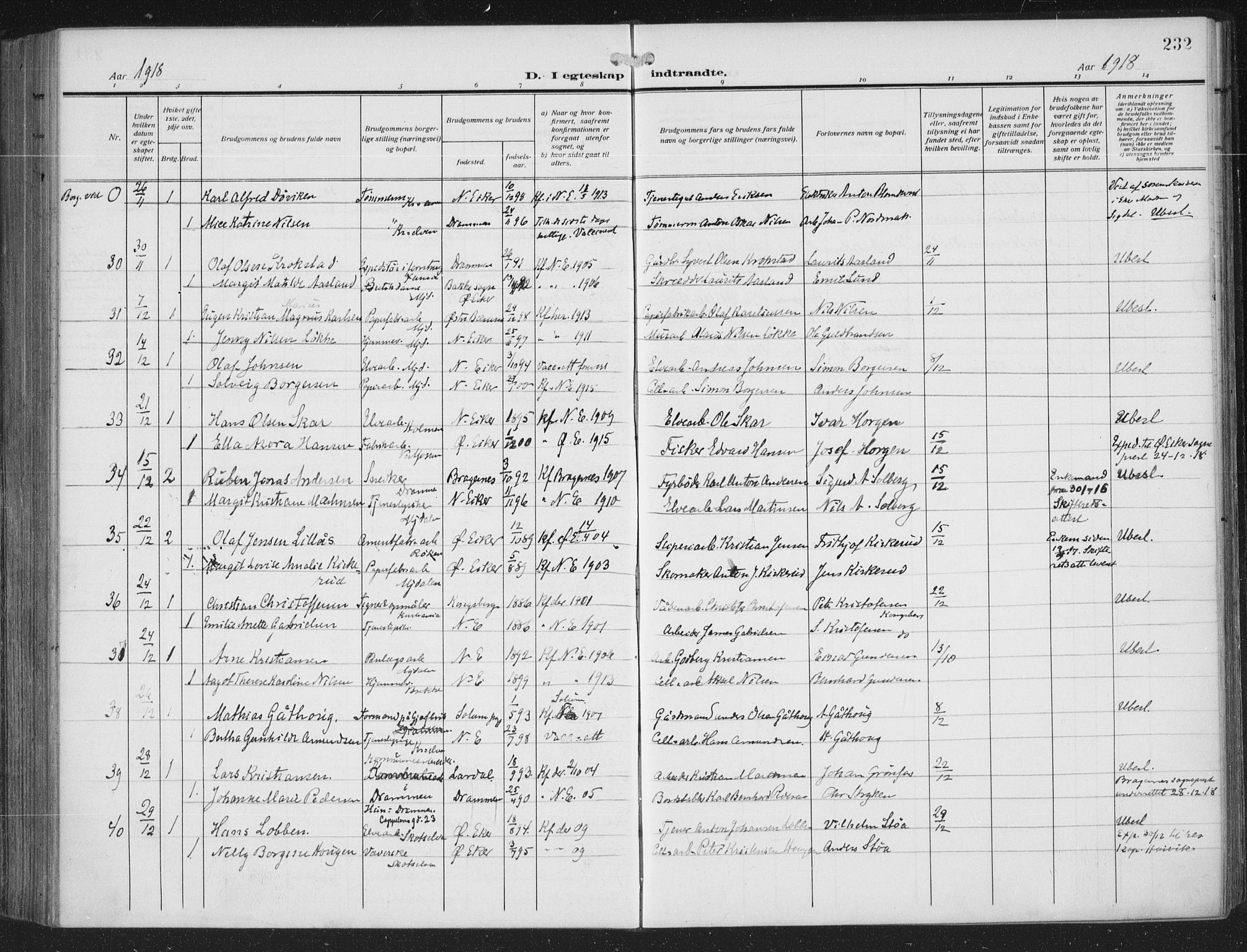 Nedre Eiker kirkebøker, AV/SAKO-A-612/F/Fa/L0007: Parish register (official) no. 7, 1912-1918, p. 232