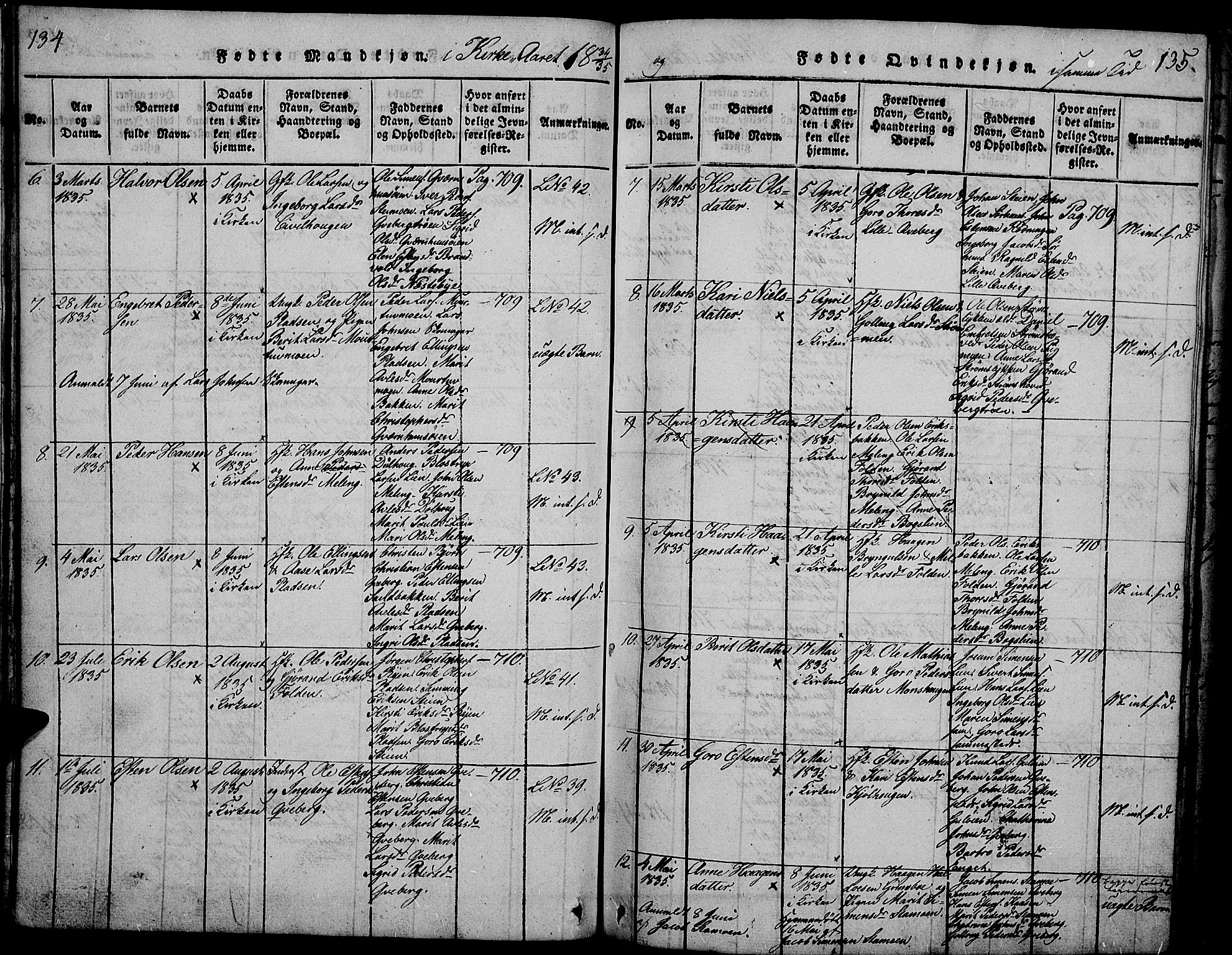 Tynset prestekontor, SAH/PREST-058/H/Ha/Hab/L0002: Parish register (copy) no. 2, 1814-1862, p. 134-135