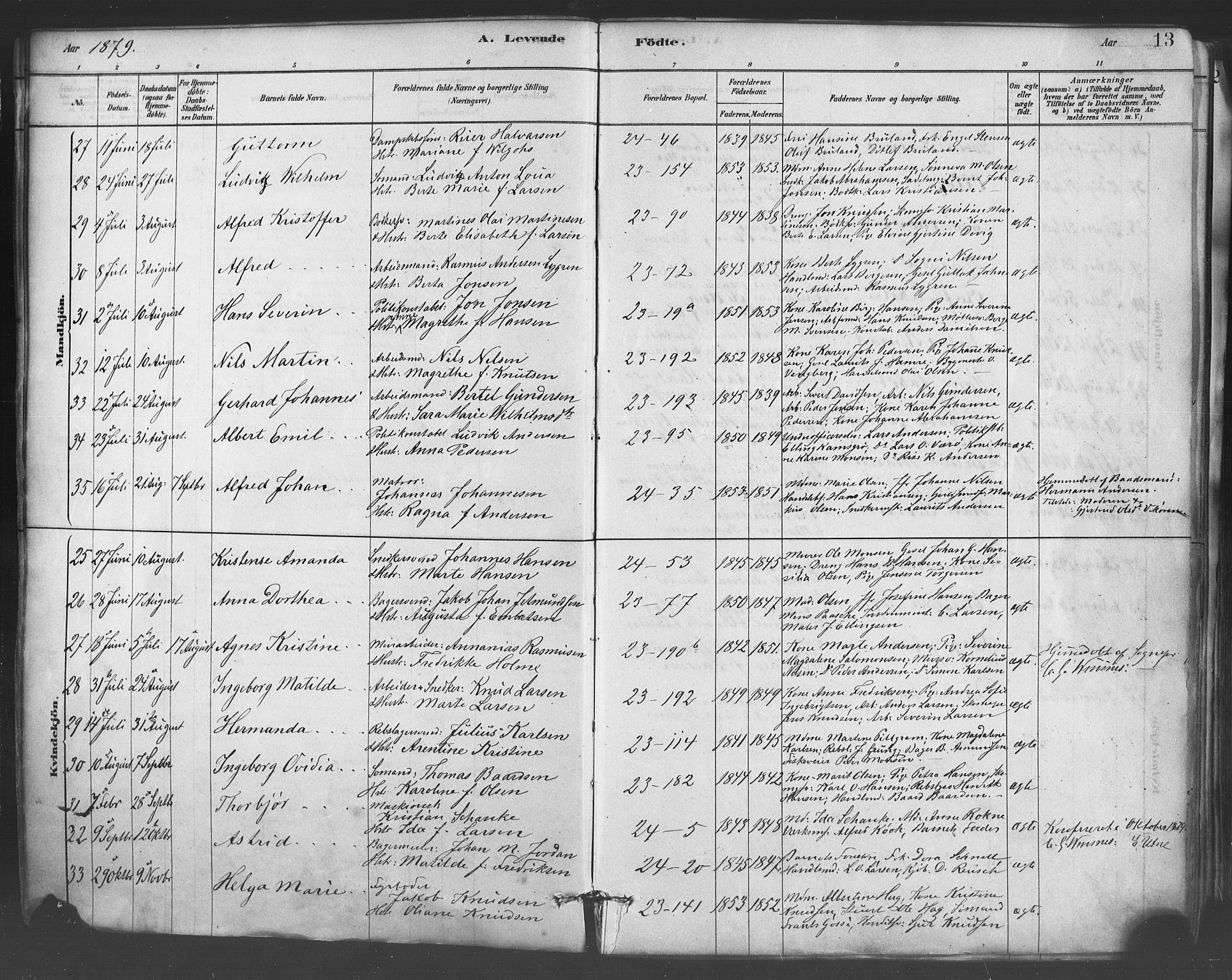Mariakirken Sokneprestembete, SAB/A-76901/H/Haa/L0007: Parish register (official) no. A 7, 1878-1893, p. 13