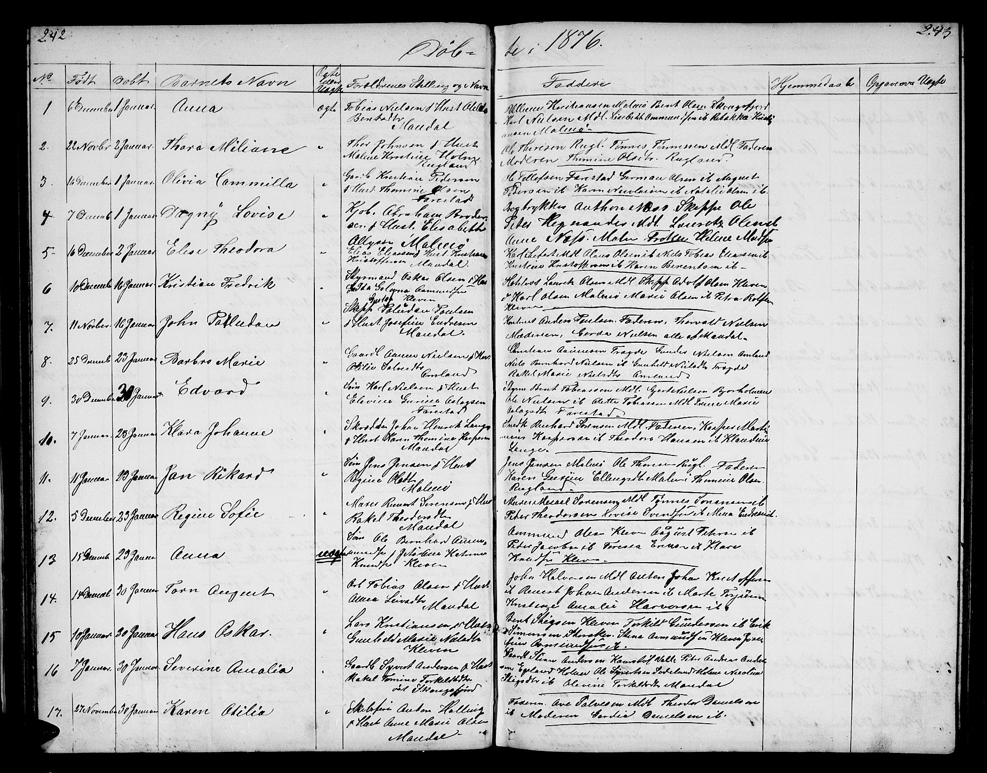 Mandal sokneprestkontor, SAK/1111-0030/F/Fb/Fba/L0009: Parish register (copy) no. B 3, 1867-1877, p. 242-243