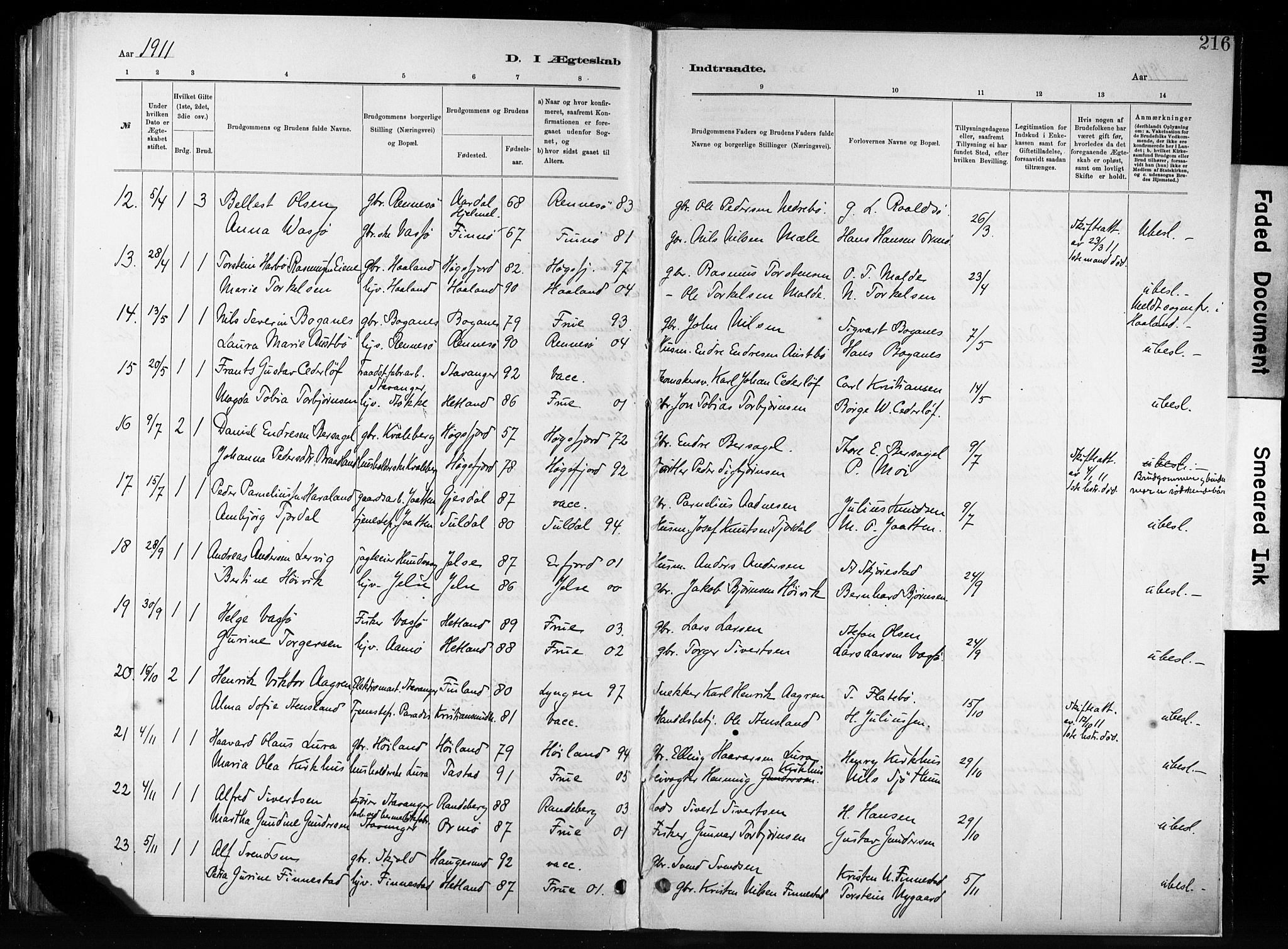 Hetland sokneprestkontor, SAST/A-101826/30/30BA/L0011: Parish register (official) no. A 11, 1884-1911, p. 216