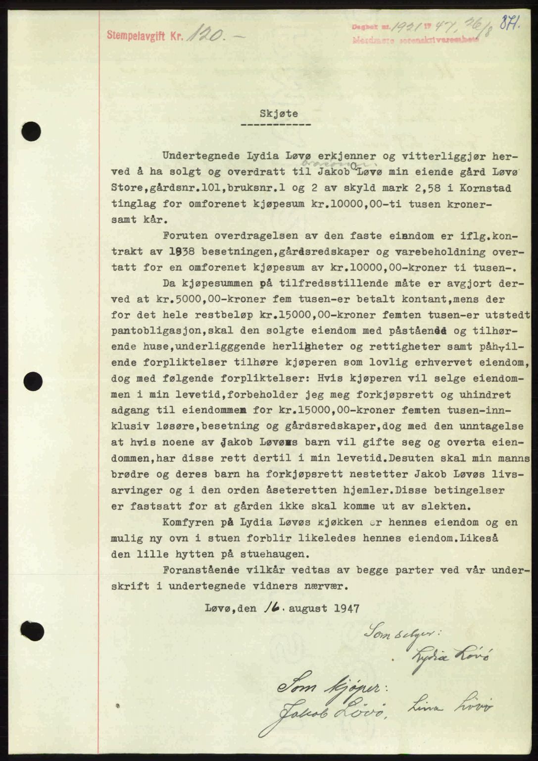 Nordmøre sorenskriveri, AV/SAT-A-4132/1/2/2Ca: Mortgage book no. A105, 1947-1947, Diary no: : 1921/1947