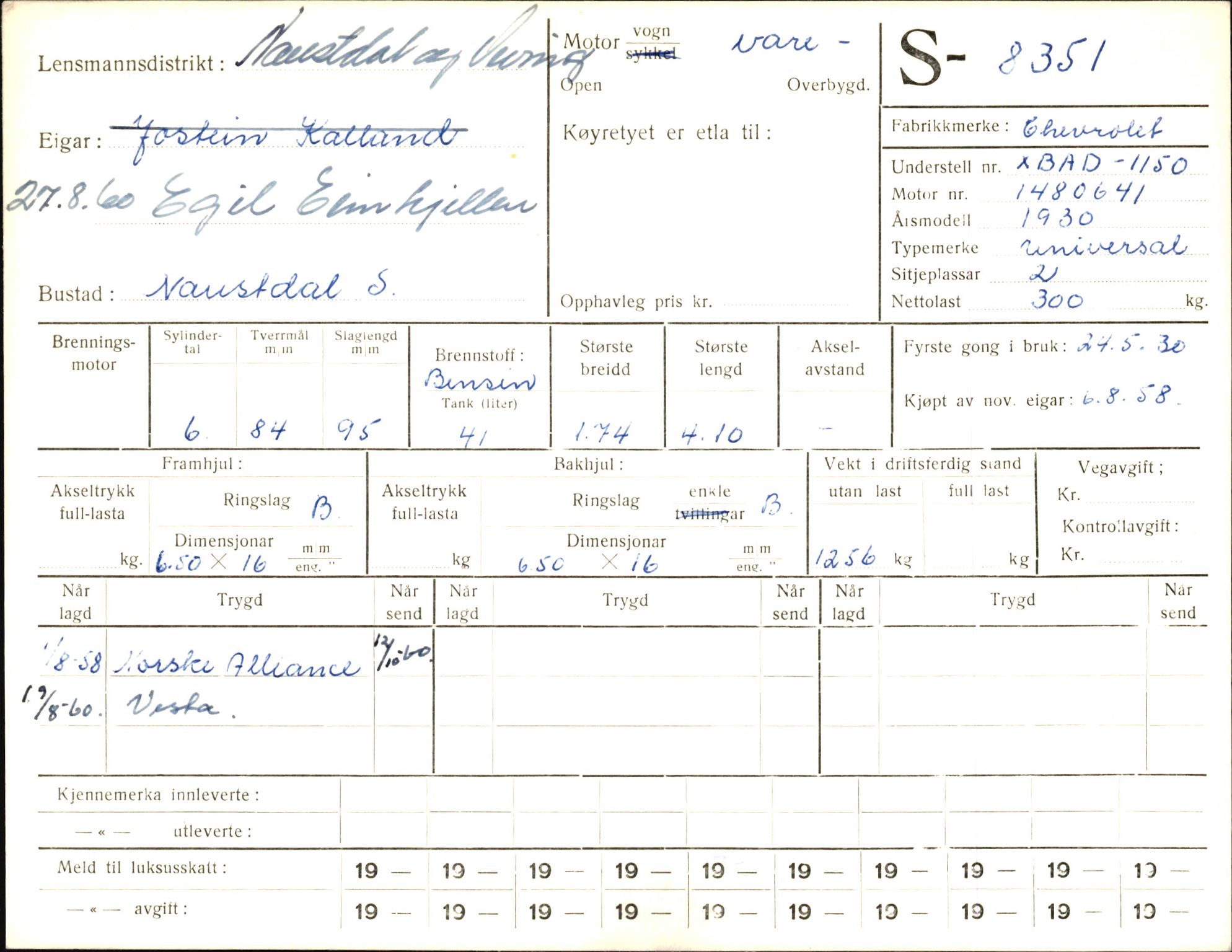 Statens vegvesen, Sogn og Fjordane vegkontor, AV/SAB-A-5301/4/F/L0006: Registerkort utmeldte Fjordane S8300-9500, 1930-1961, p. 76