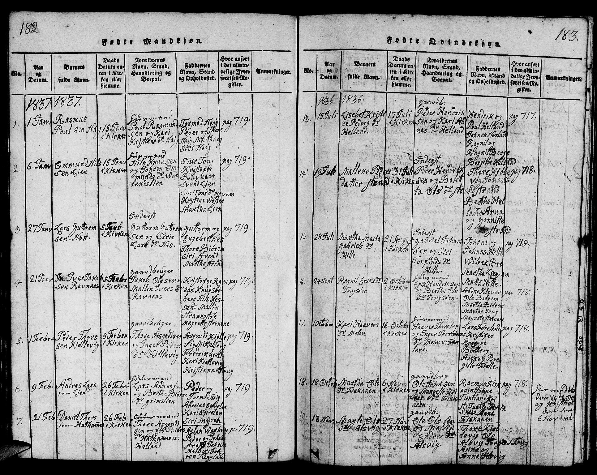 Strand sokneprestkontor, SAST/A-101828/H/Ha/Hab/L0001: Parish register (copy) no. B 1, 1816-1854, p. 182-183