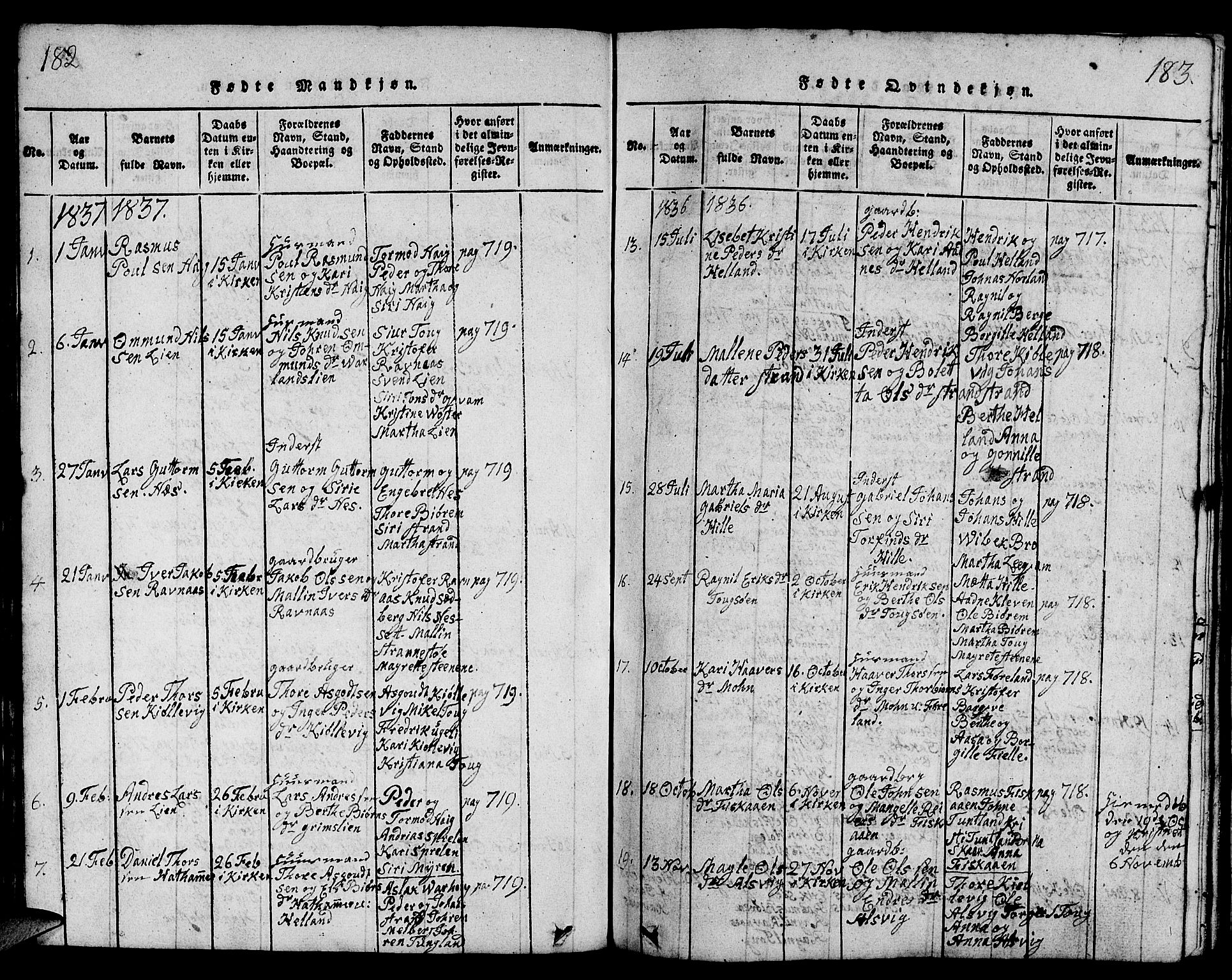 Strand sokneprestkontor, AV/SAST-A-101828/H/Ha/Hab/L0001: Parish register (copy) no. B 1, 1816-1854, p. 182-183