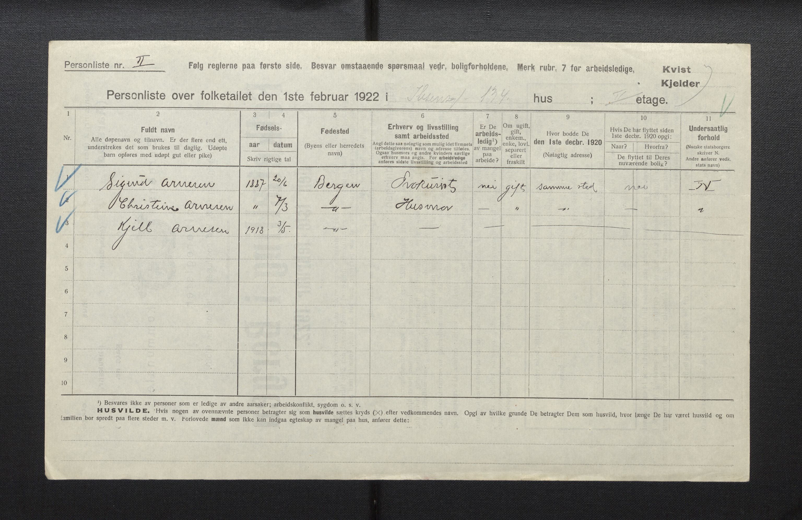 SAB, Municipal Census 1922 for Bergen, 1922, p. 53798