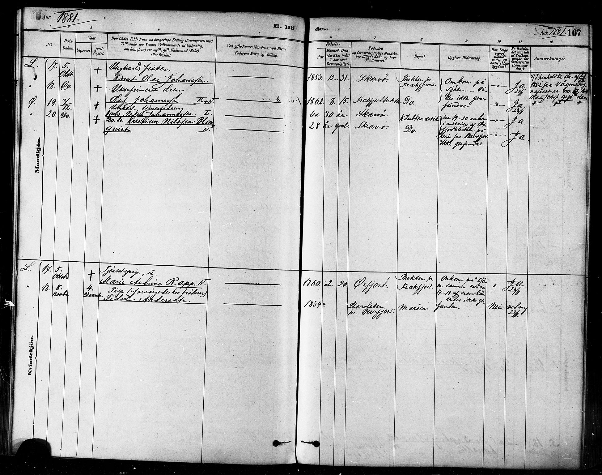 Loppa sokneprestkontor, AV/SATØ-S-1339/H/Ha/L0006kirke: Parish register (official) no. 6, 1879-1895, p. 167