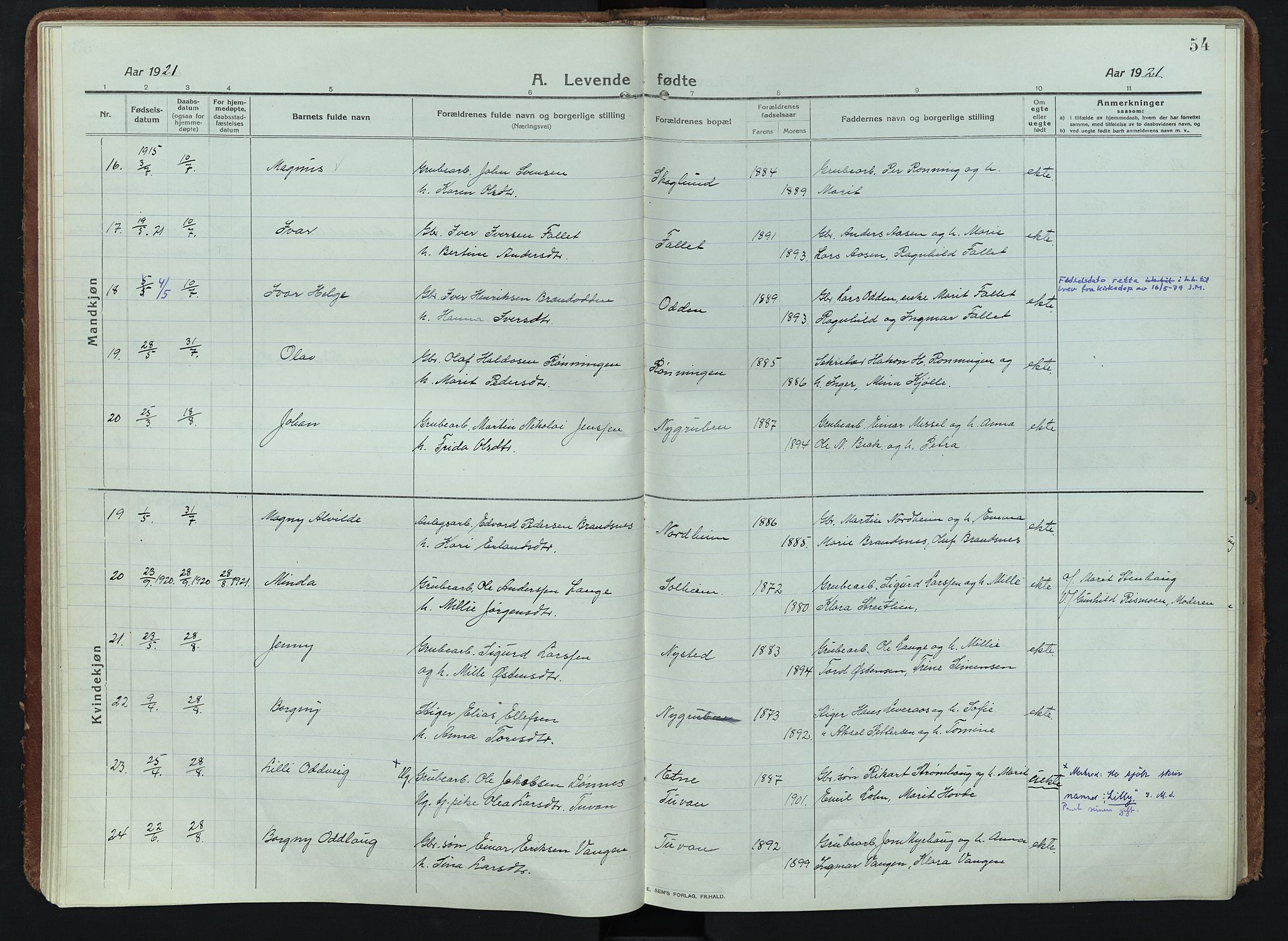 Alvdal prestekontor, AV/SAH-PREST-060/H/Ha/Haa/L0005: Parish register (official) no. 5, 1913-1930, p. 54