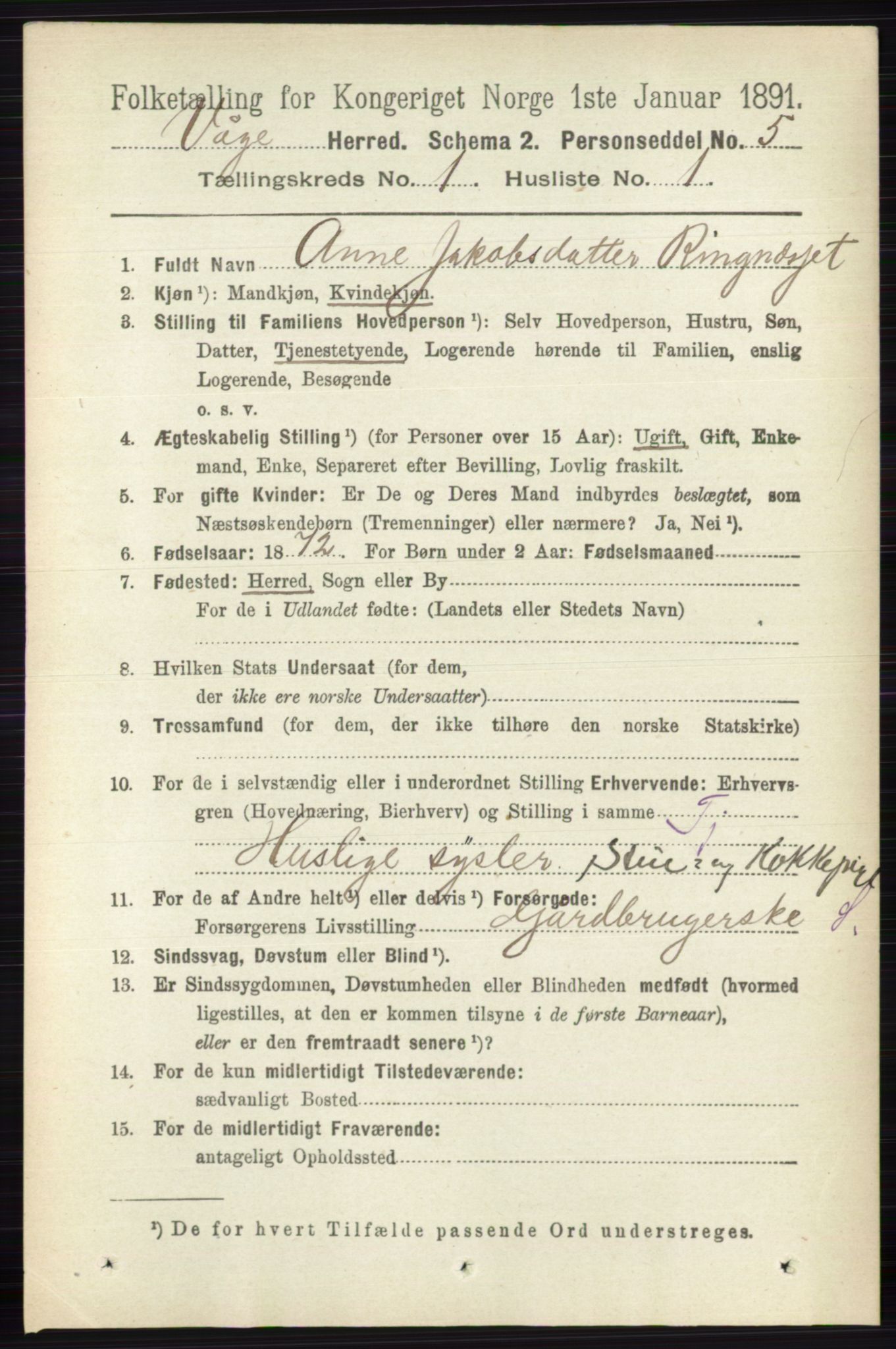 RA, 1891 census for 0515 Vågå, 1891, p. 166