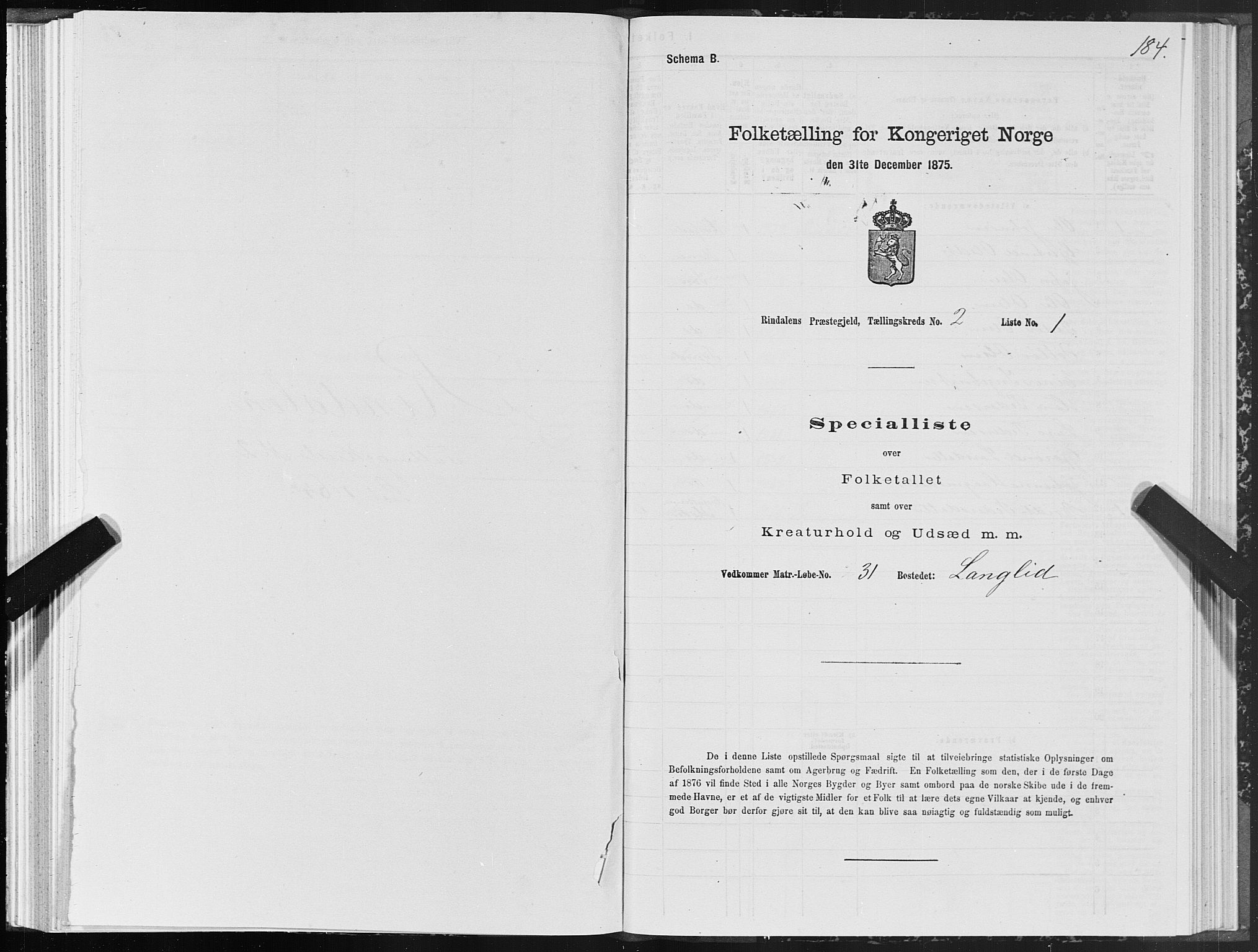 SAT, 1875 census for 1567P Rindal, 1875, p. 1184