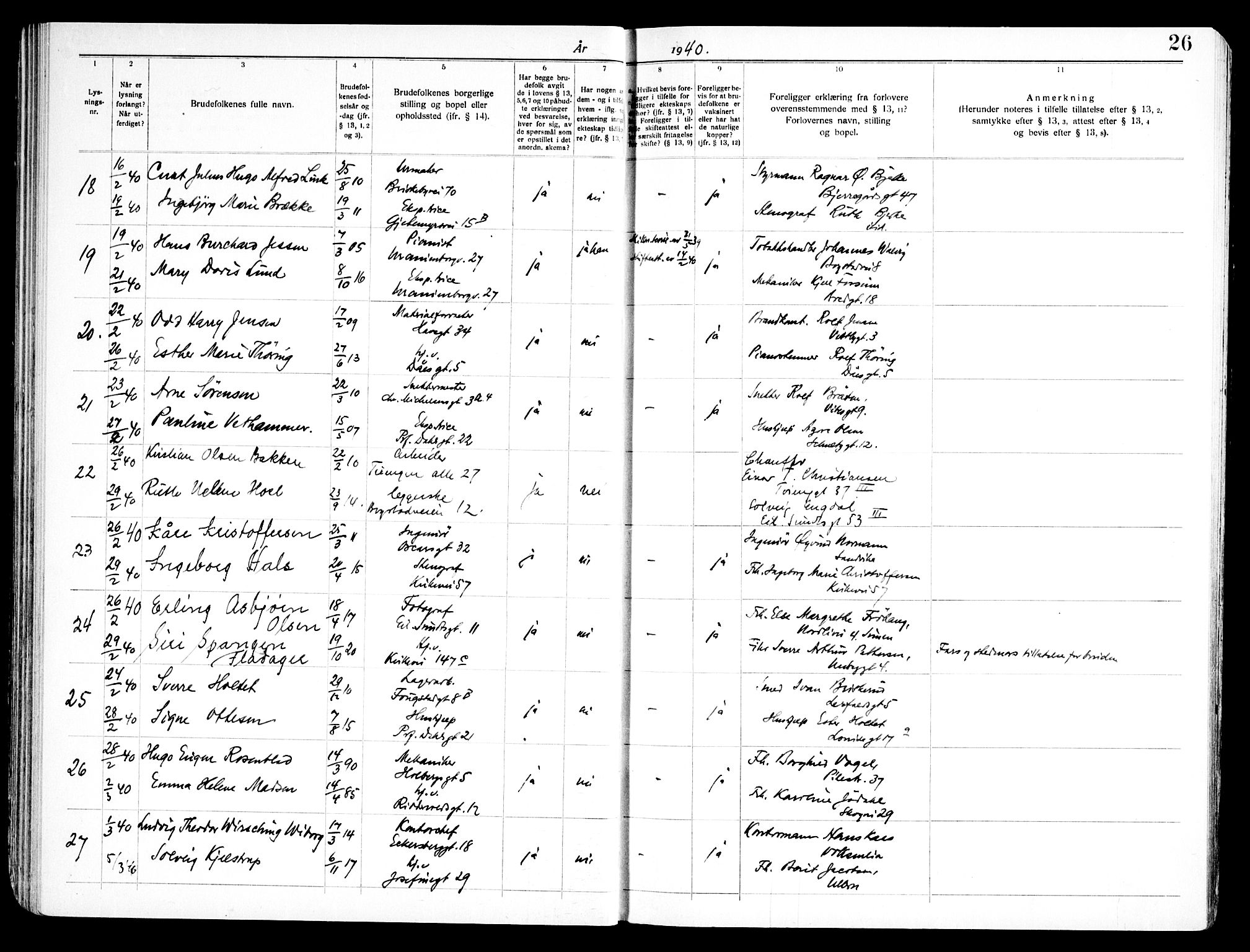 Uranienborg prestekontor Kirkebøker, SAO/A-10877/H/Hb/L0001: Banns register no. II 1, 1938-1947, p. 26
