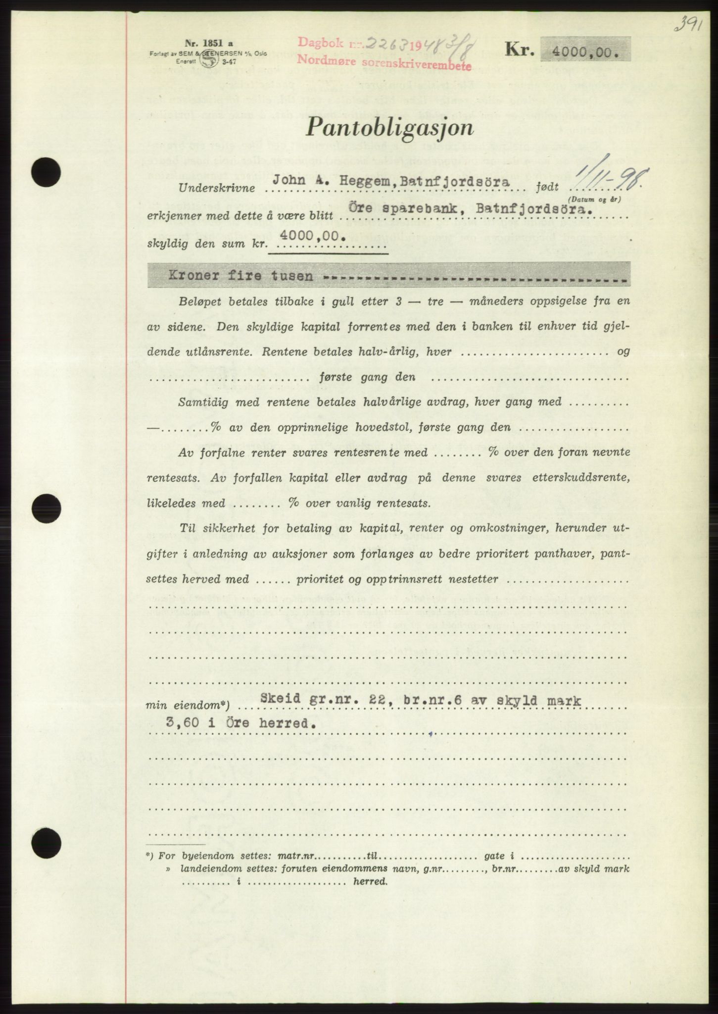 Nordmøre sorenskriveri, AV/SAT-A-4132/1/2/2Ca: Mortgage book no. B99, 1948-1948, Diary no: : 2263/1948