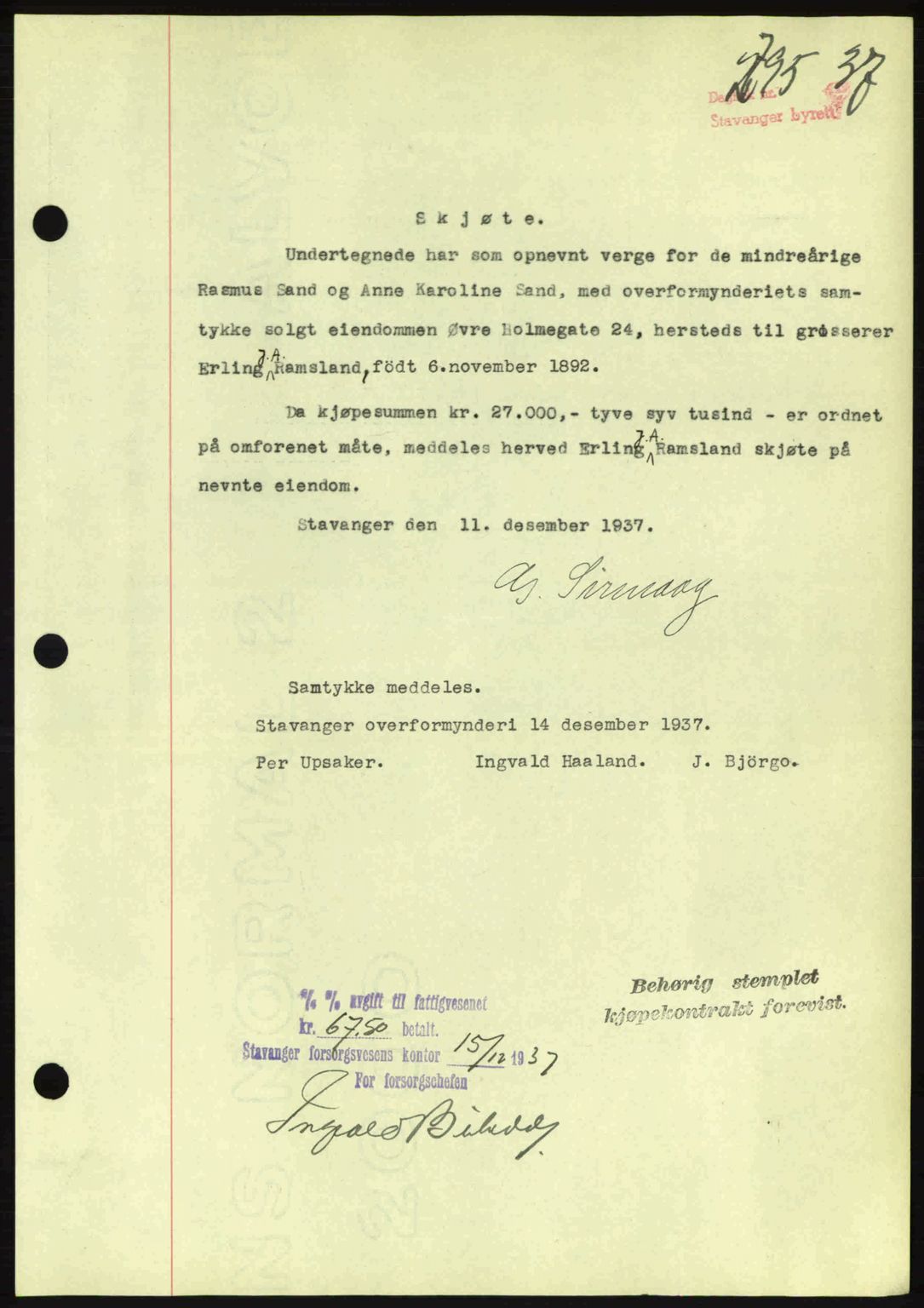 Stavanger byrett, SAST/A-100455/002/G/Gb/L0013: Mortgage book no. A3, 1937-1938, Diary no: : 2795/1937