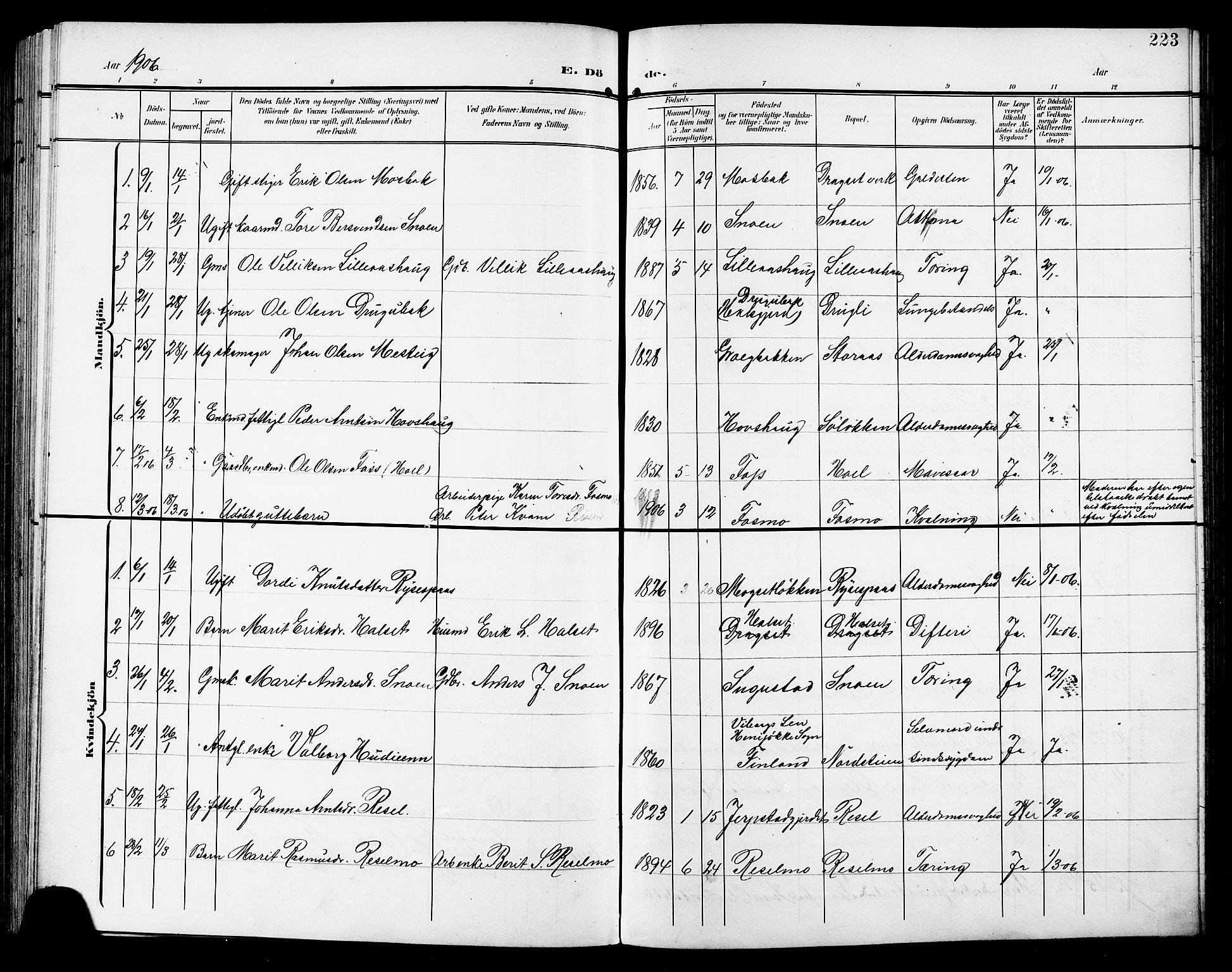 Ministerialprotokoller, klokkerbøker og fødselsregistre - Sør-Trøndelag, SAT/A-1456/672/L0864: Parish register (copy) no. 672C03, 1902-1914, p. 223