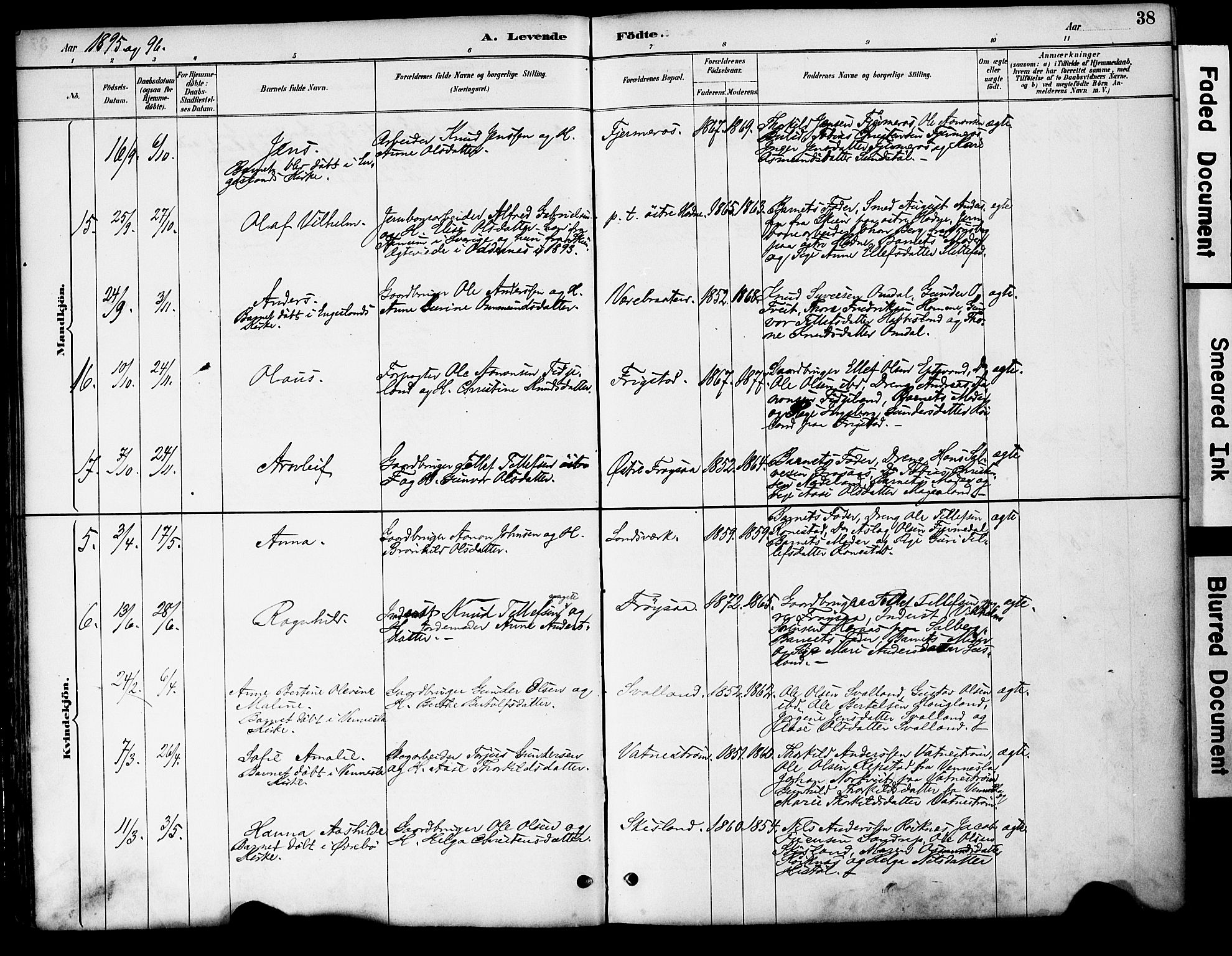 Evje sokneprestkontor, AV/SAK-1111-0008/F/Fa/Fac/L0003: Parish register (official) no. A 3, 1884-1909, p. 38