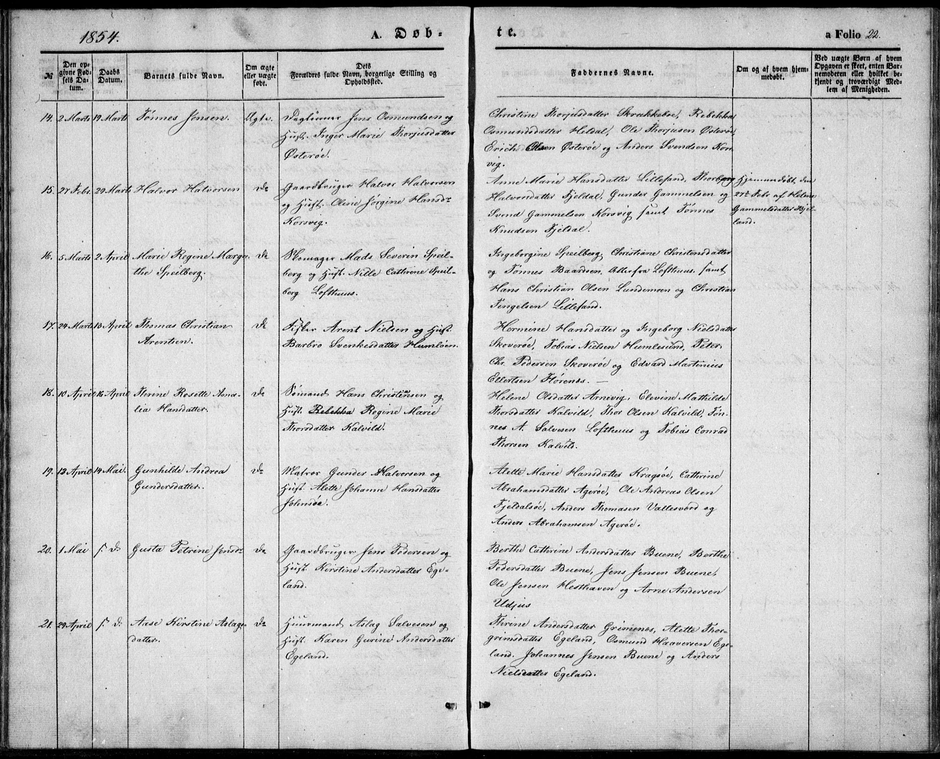 Vestre Moland sokneprestkontor, AV/SAK-1111-0046/F/Fb/Fbb/L0003: Parish register (copy) no. B 3, 1851-1861, p. 22