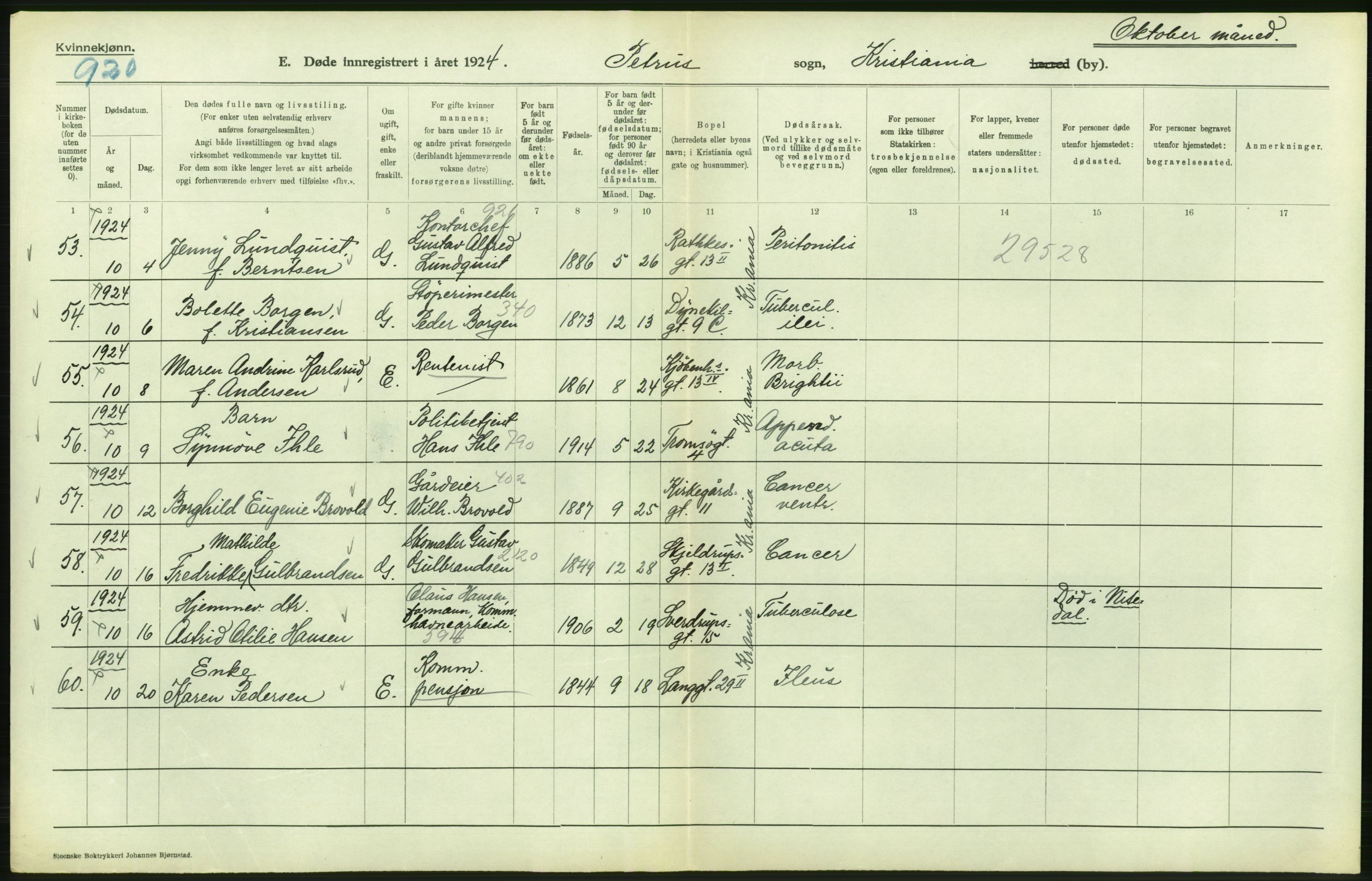 Statistisk sentralbyrå, Sosiodemografiske emner, Befolkning, AV/RA-S-2228/D/Df/Dfc/Dfcd/L0009: Kristiania: Døde kvinner, dødfødte, 1924, p. 284