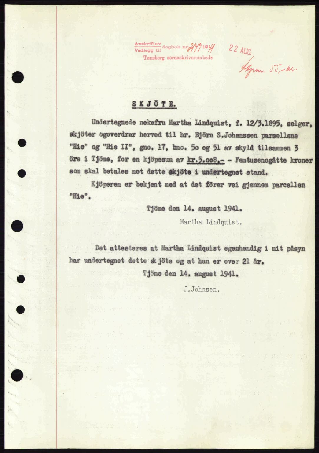 Tønsberg sorenskriveri, AV/SAKO-A-130/G/Ga/Gaa/L0010: Mortgage book no. A10, 1941-1941, Diary no: : 2149/1941