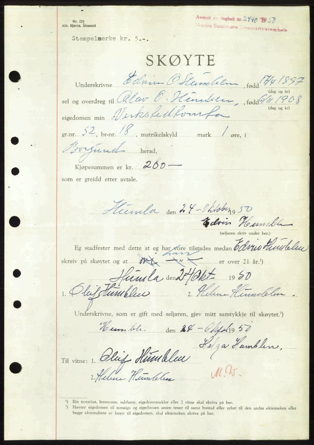 Nordre Sunnmøre sorenskriveri, AV/SAT-A-0006/1/2/2C/2Ca: Mortgage book no. A36, 1950-1950, Diary no: : 2440/1950