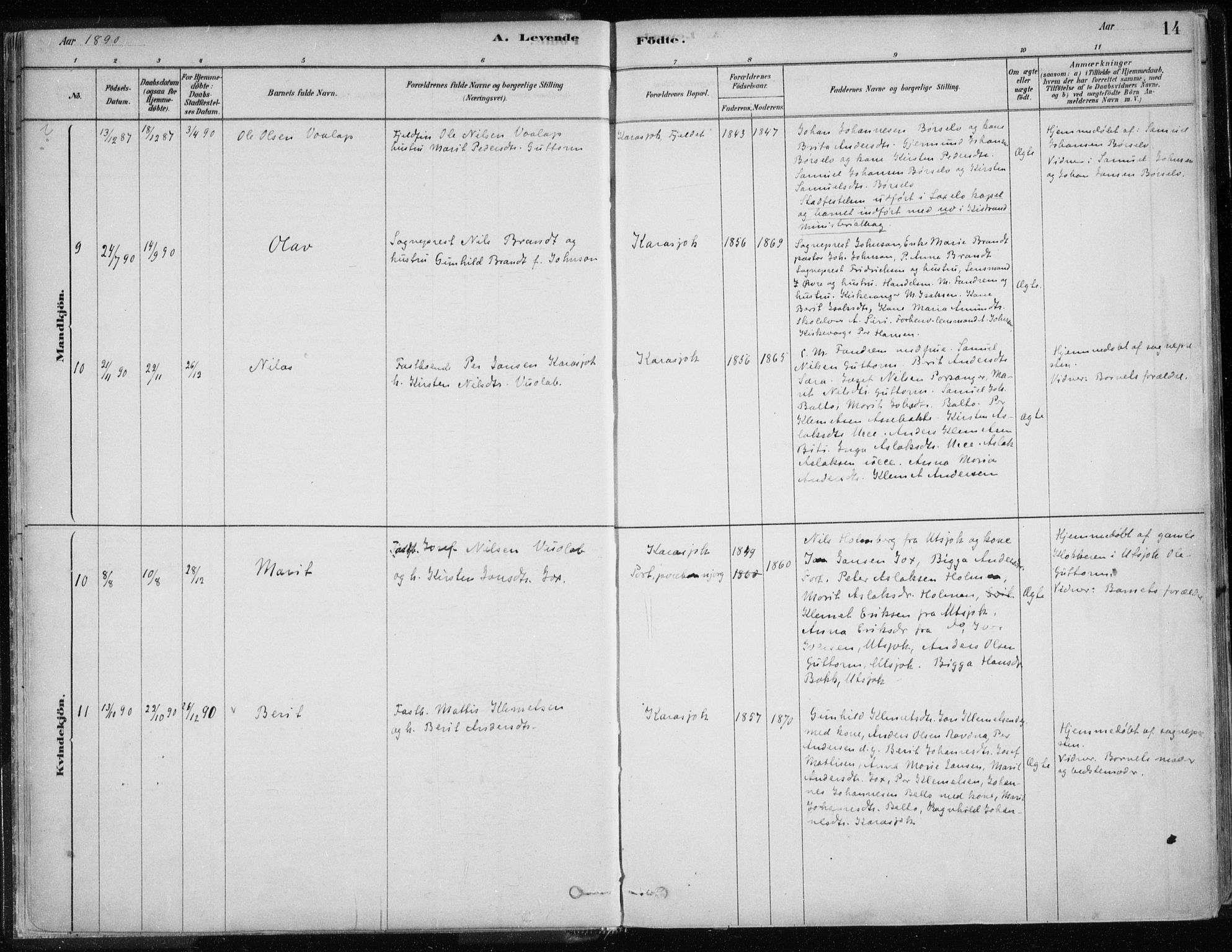 Karasjok sokneprestkontor, AV/SATØ-S-1352/H/Ha/L0002kirke: Parish register (official) no. 2, 1885-1906, p. 14