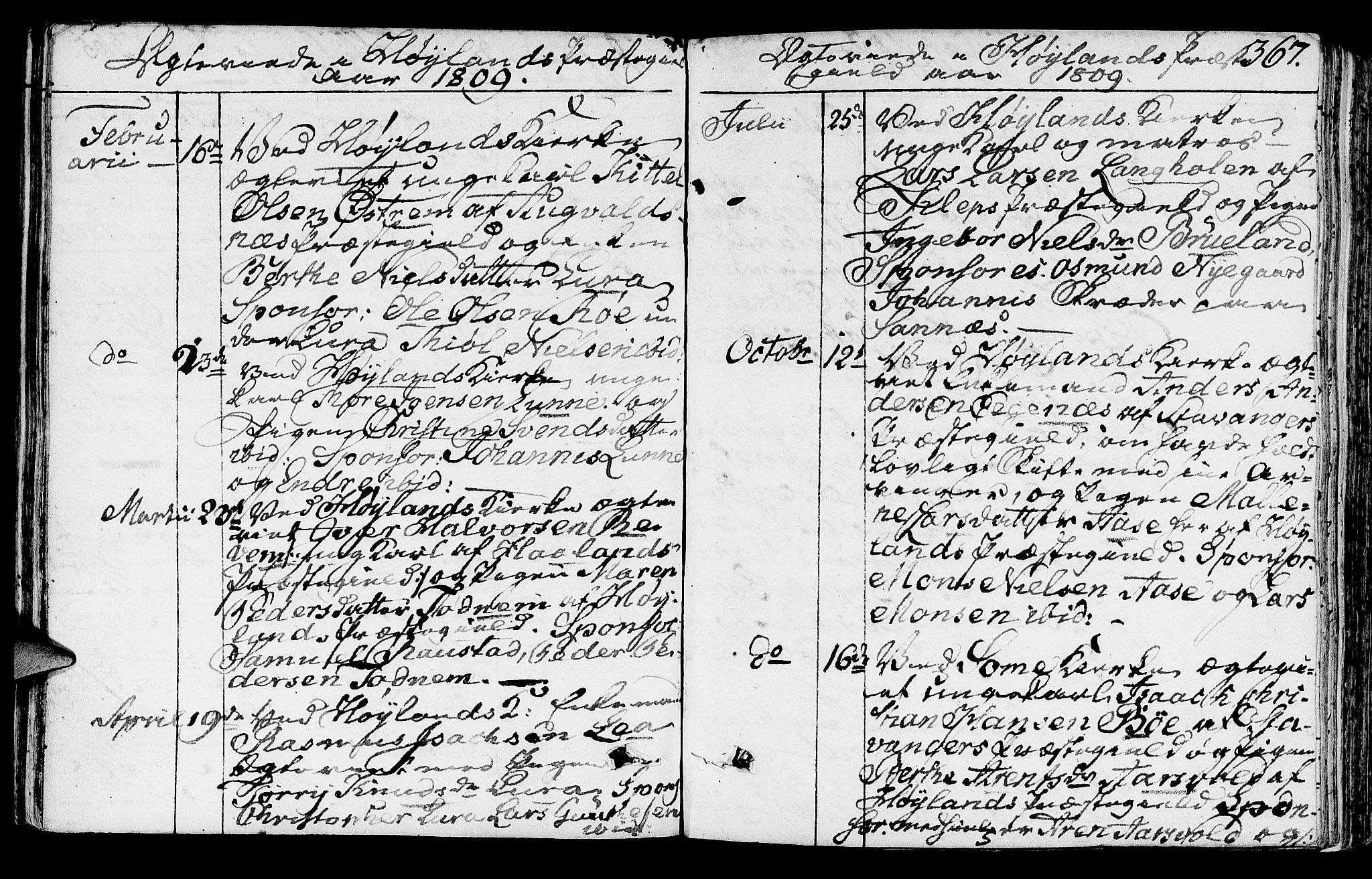 Høyland sokneprestkontor, SAST/A-101799/001/30BA/L0005: Parish register (official) no. A 5, 1804-1815, p. 367