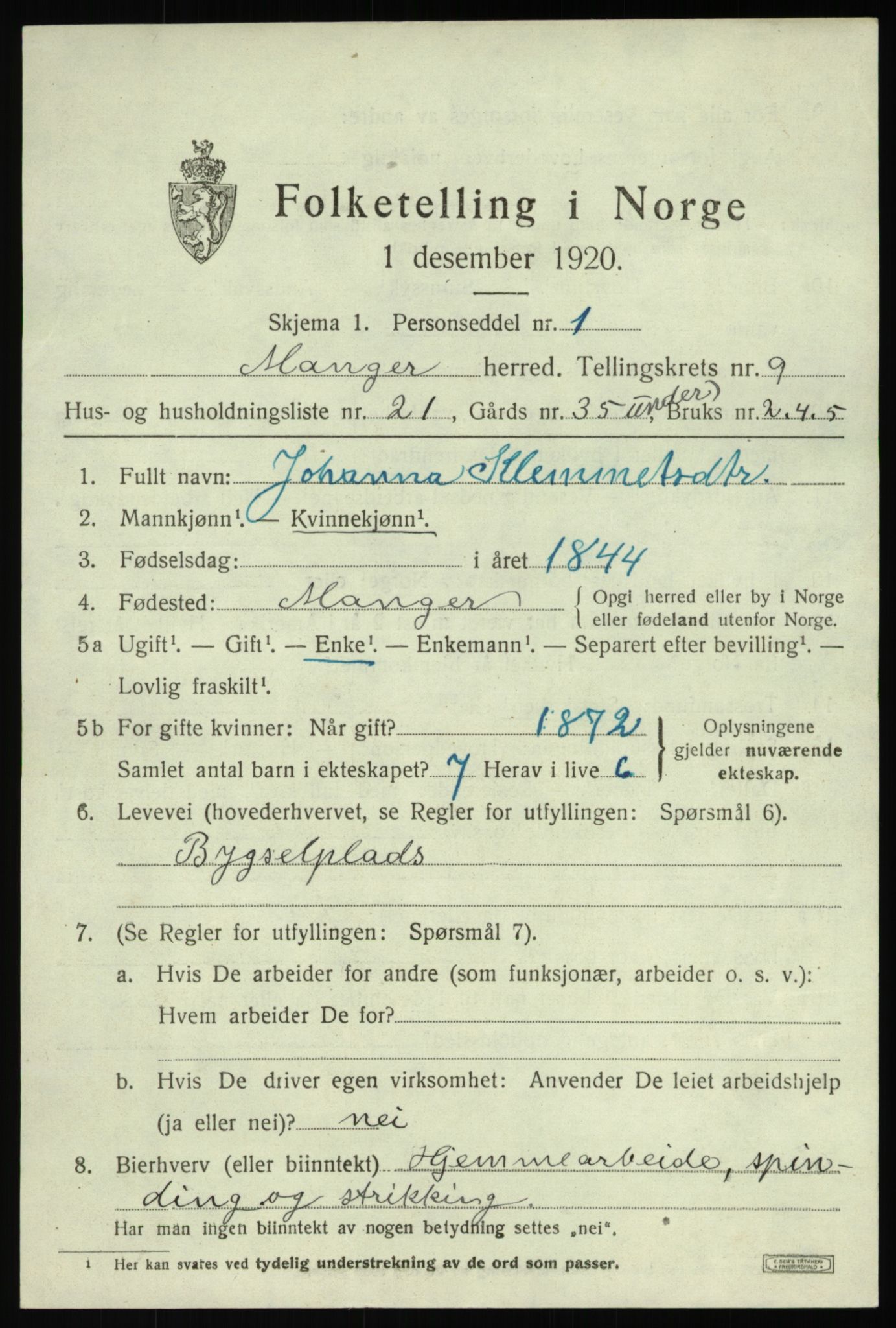 SAB, 1920 census for Manger, 1920, p. 5723