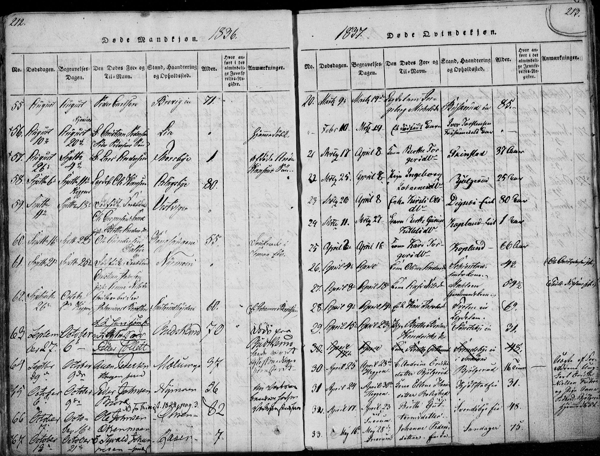 Modum kirkebøker, SAKO/A-234/F/Fa/L0006: Parish register (official) no. 6, 1832-1841, p. 212-213
