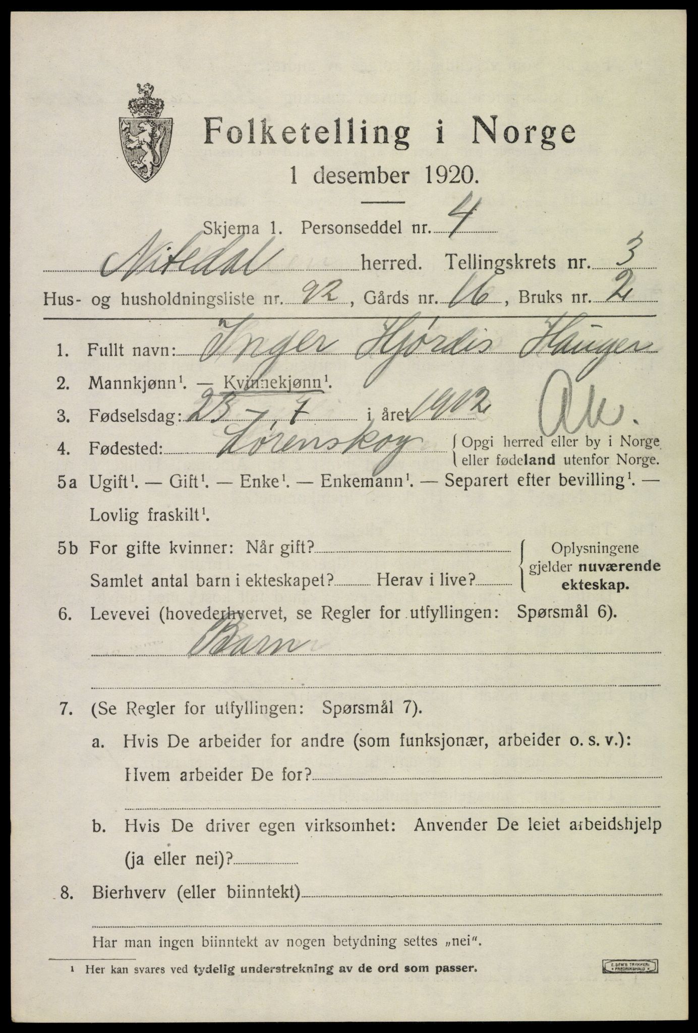 SAO, 1920 census for Nittedal, 1920, p. 4674