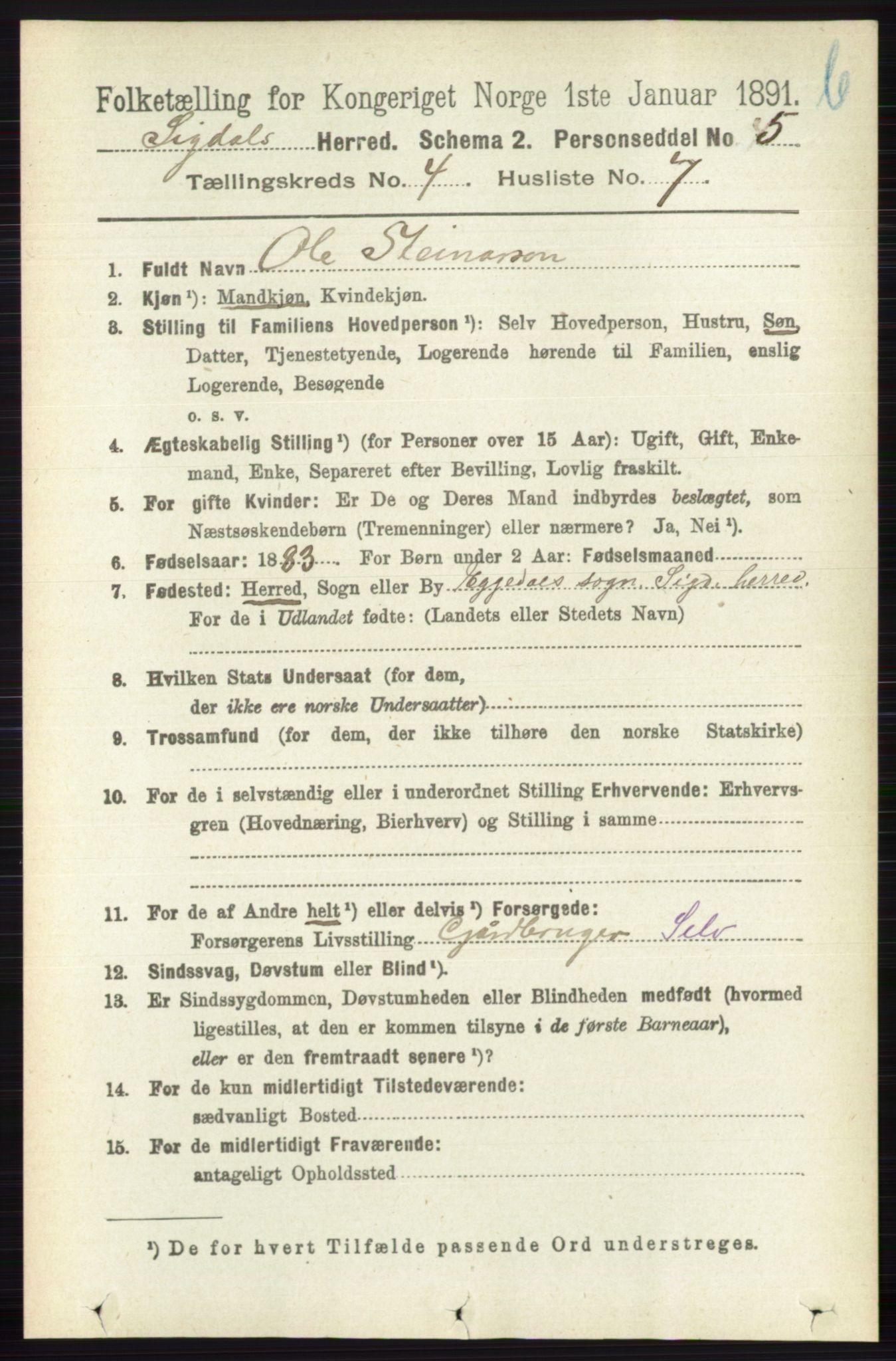 RA, 1891 census for 0621 Sigdal, 1891, p. 4707