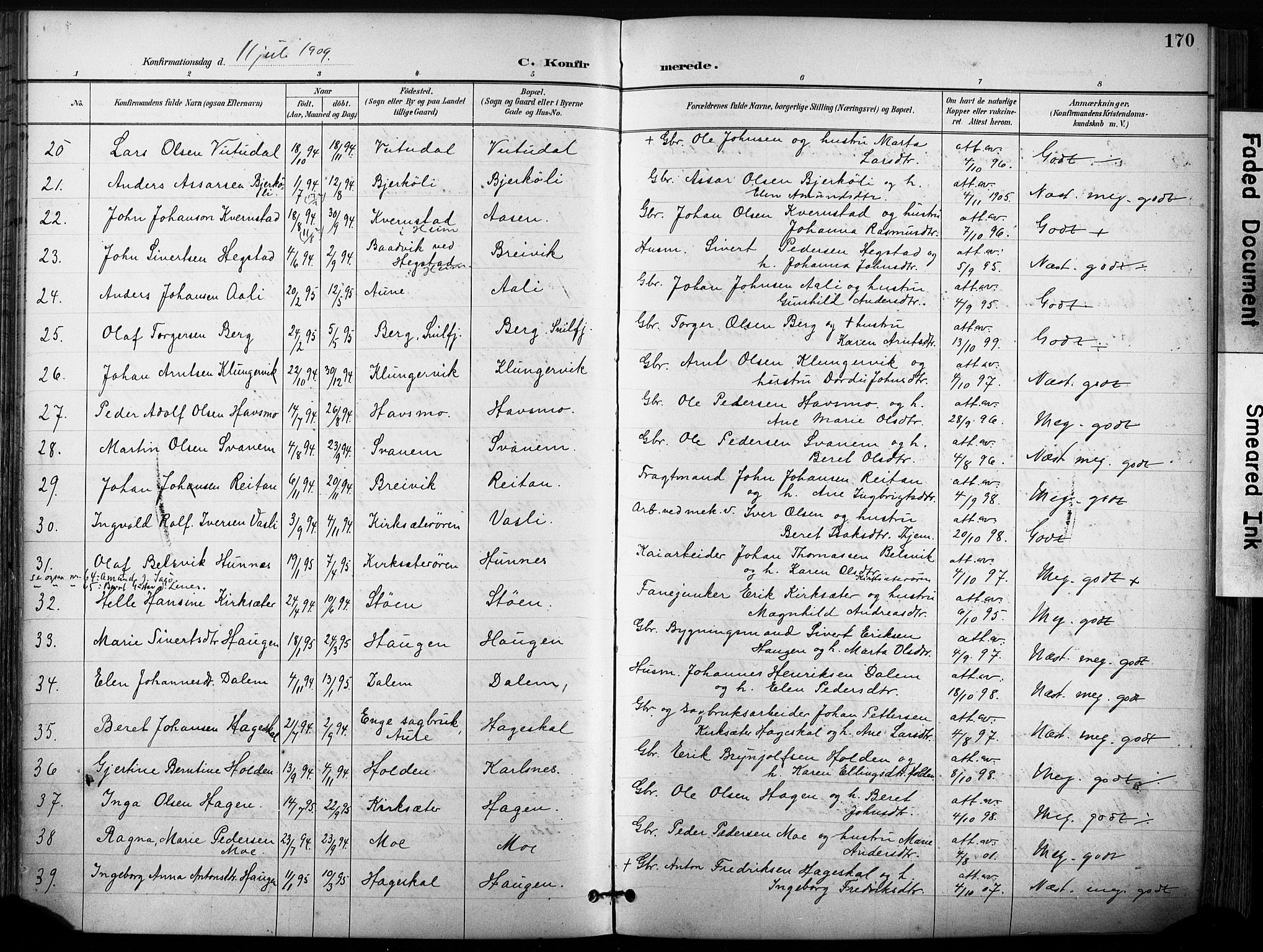 Ministerialprotokoller, klokkerbøker og fødselsregistre - Sør-Trøndelag, AV/SAT-A-1456/630/L0497: Parish register (official) no. 630A10, 1896-1910, p. 170