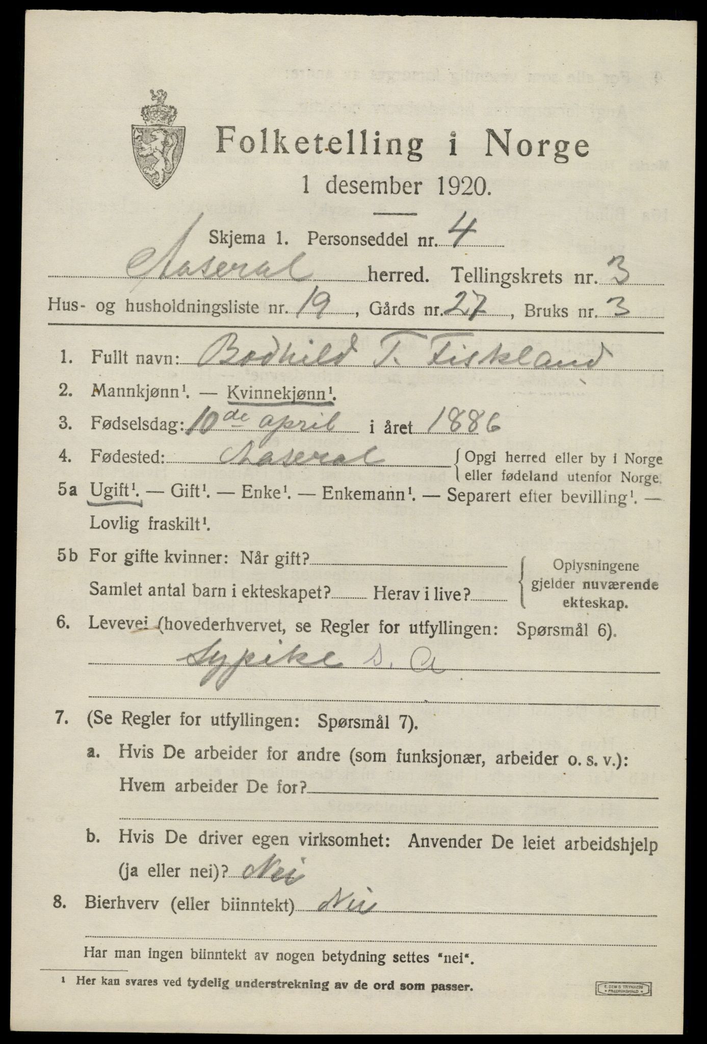 SAK, 1920 census for Åseral, 1920, p. 1178