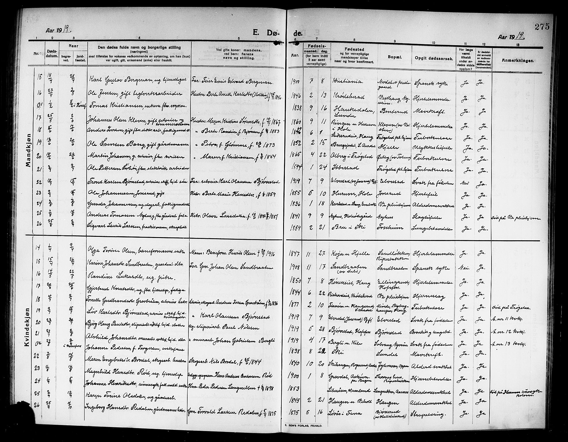 Norderhov kirkebøker, SAKO/A-237/G/Ga/L0009: Parish register (copy) no. I 9, 1913-1920, p. 275