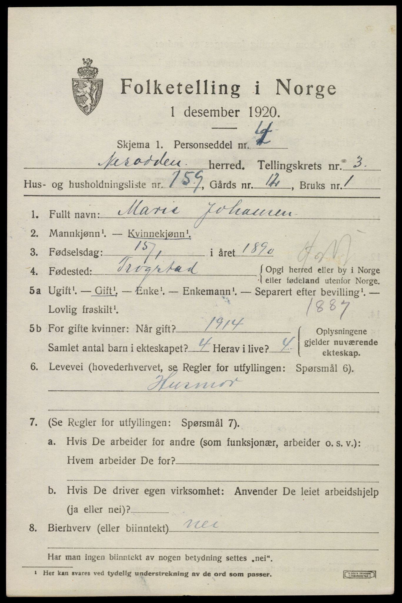 SAO, 1920 census for Nesodden, 1920, p. 4081