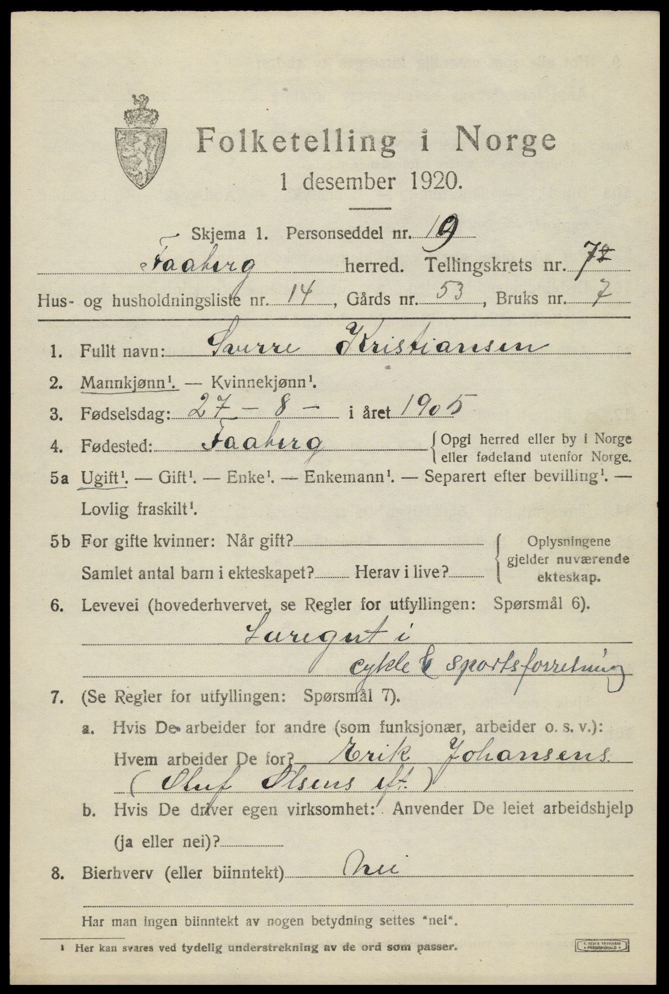 SAH, 1920 census for Fåberg, 1920, p. 8012