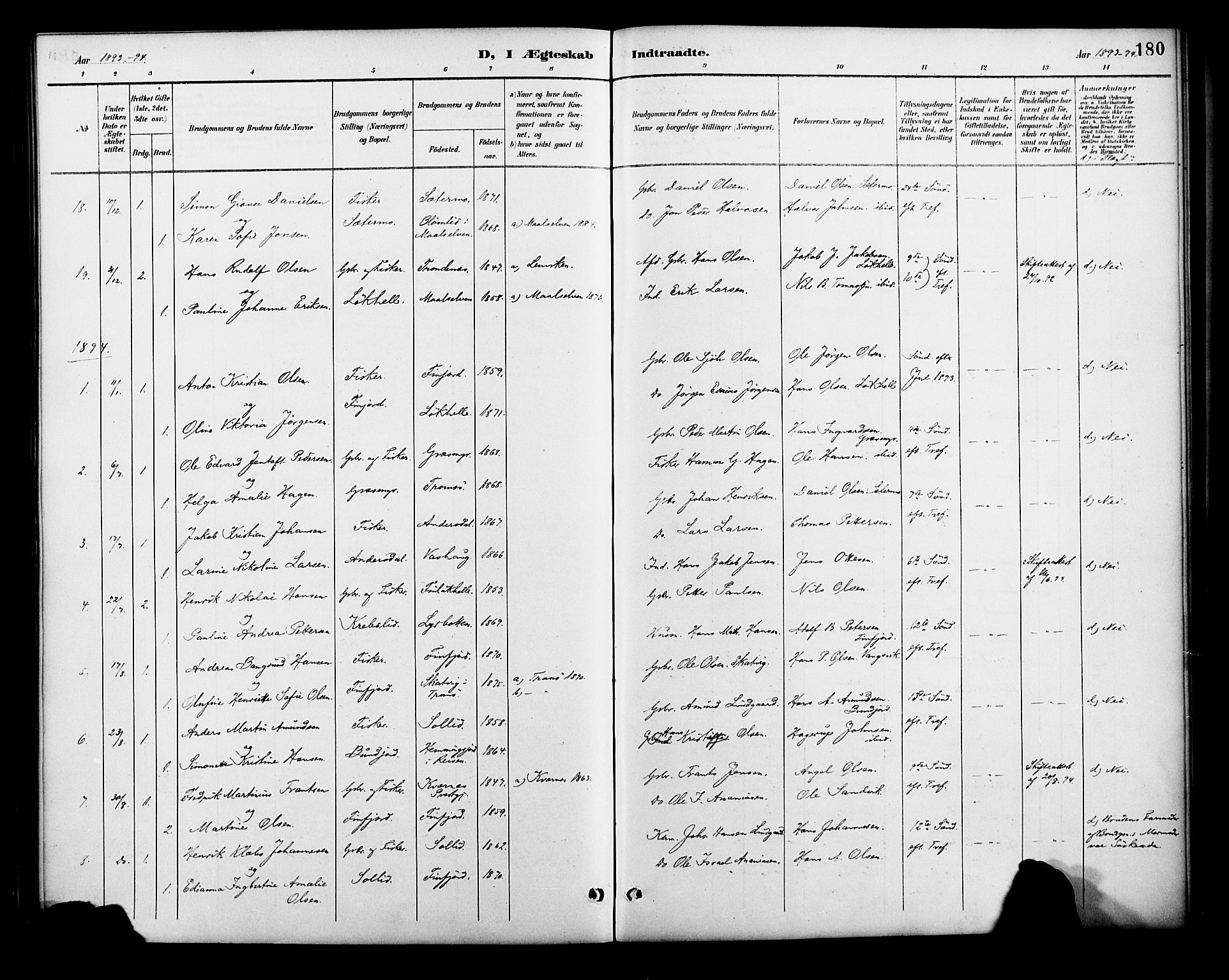 Lenvik sokneprestembete, AV/SATØ-S-1310/H/Ha/Haa/L0013kirke: Parish register (official) no. 13, 1890-1898, p. 180