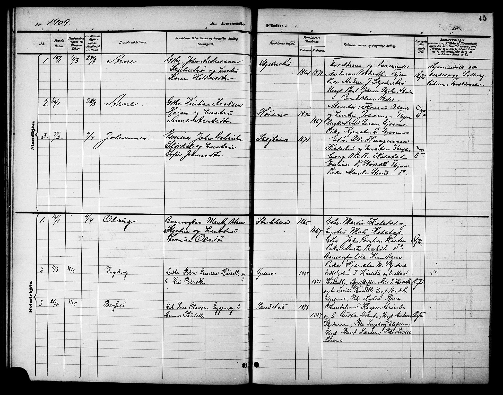 Ministerialprotokoller, klokkerbøker og fødselsregistre - Sør-Trøndelag, SAT/A-1456/621/L0460: Parish register (copy) no. 621C03, 1896-1914, p. 45