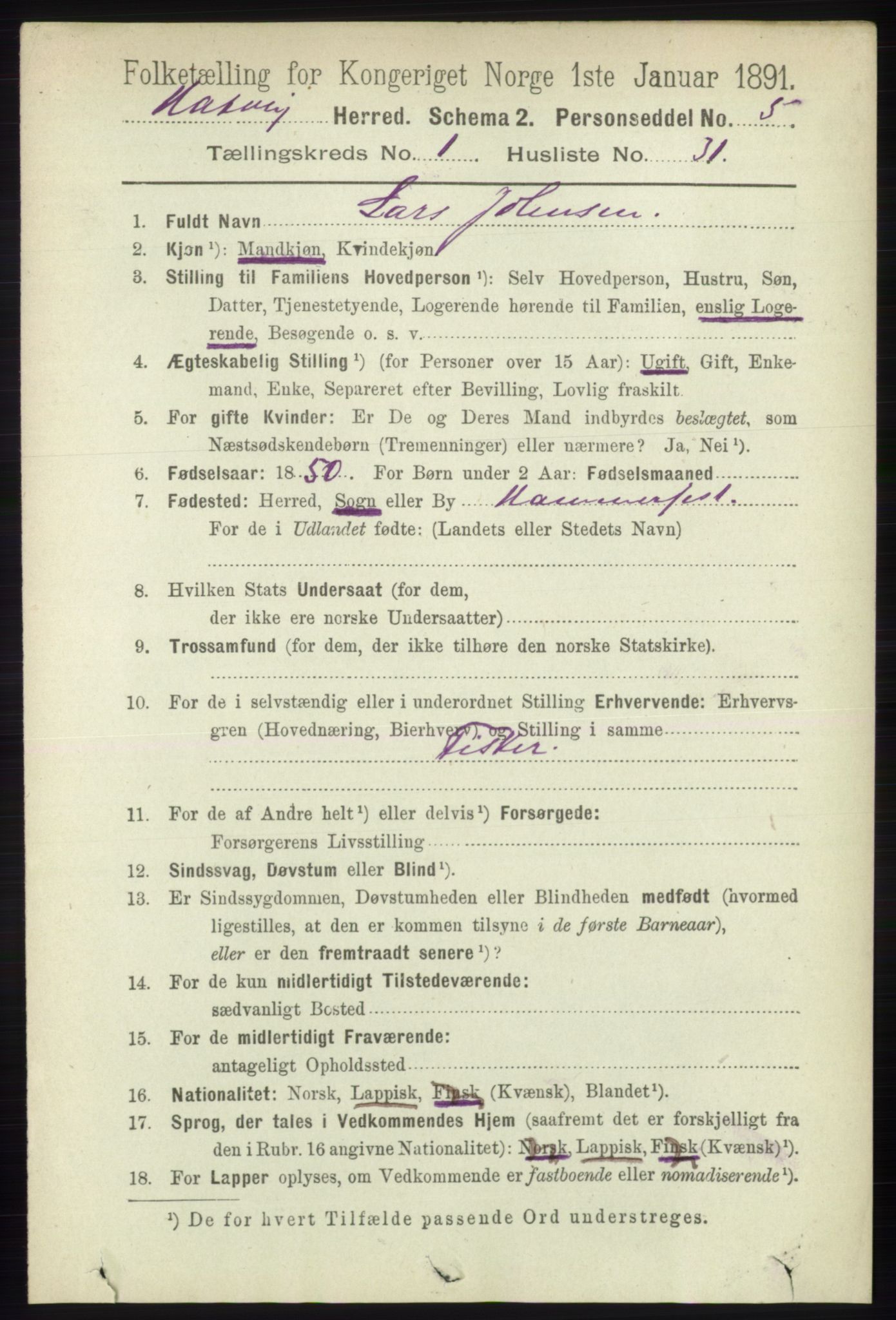 RA, 1891 census for 2015 Hasvik, 1891, p. 252