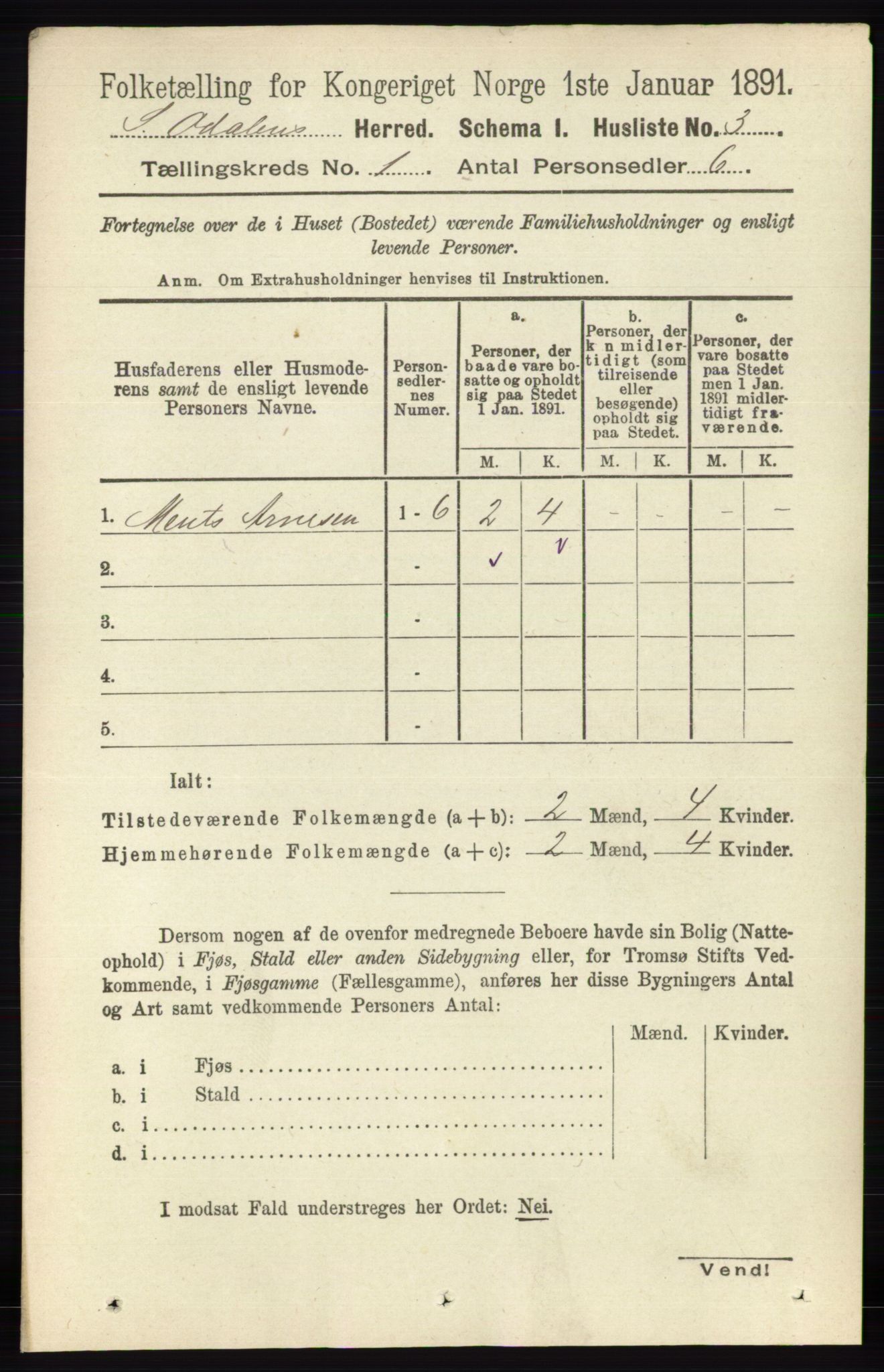 RA, 1891 census for 0419 Sør-Odal, 1891, p. 58