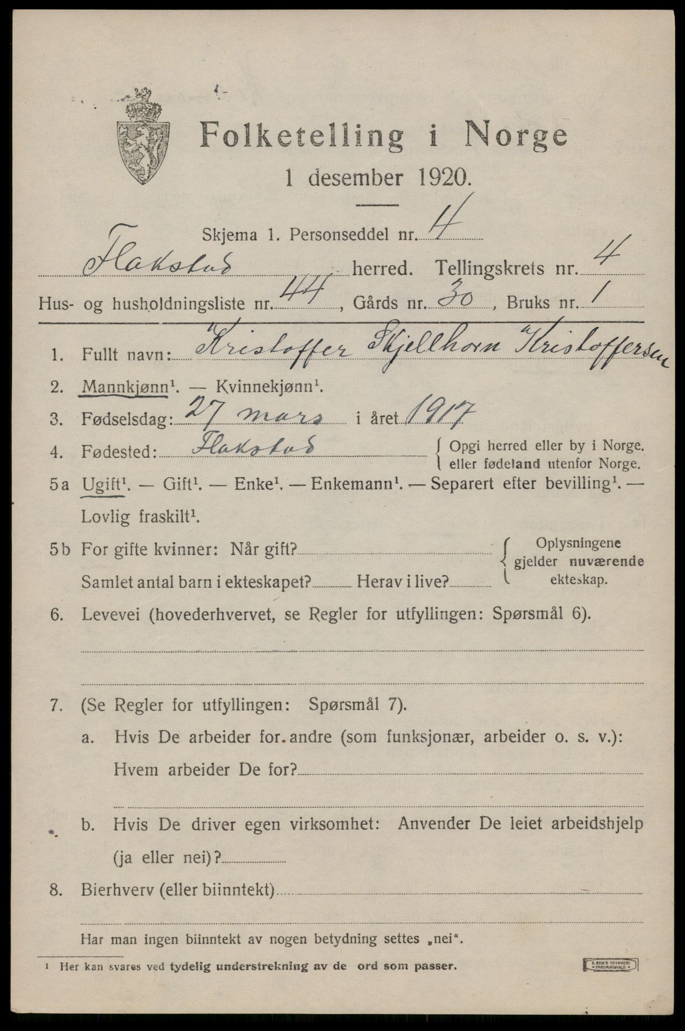 SAT, 1920 census for Flakstad, 1920, p. 3423