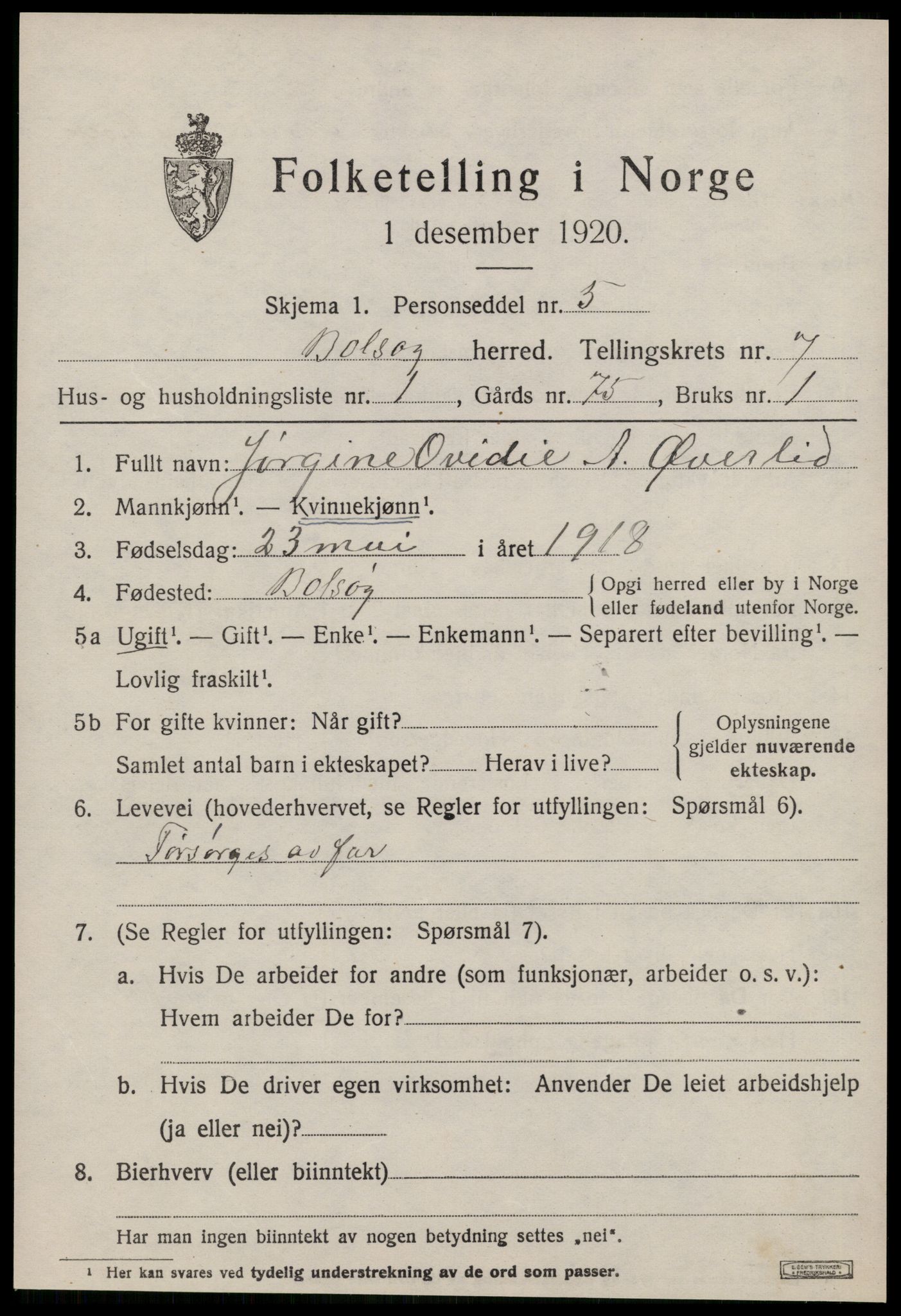 SAT, 1920 census for Bolsøy, 1920, p. 8979