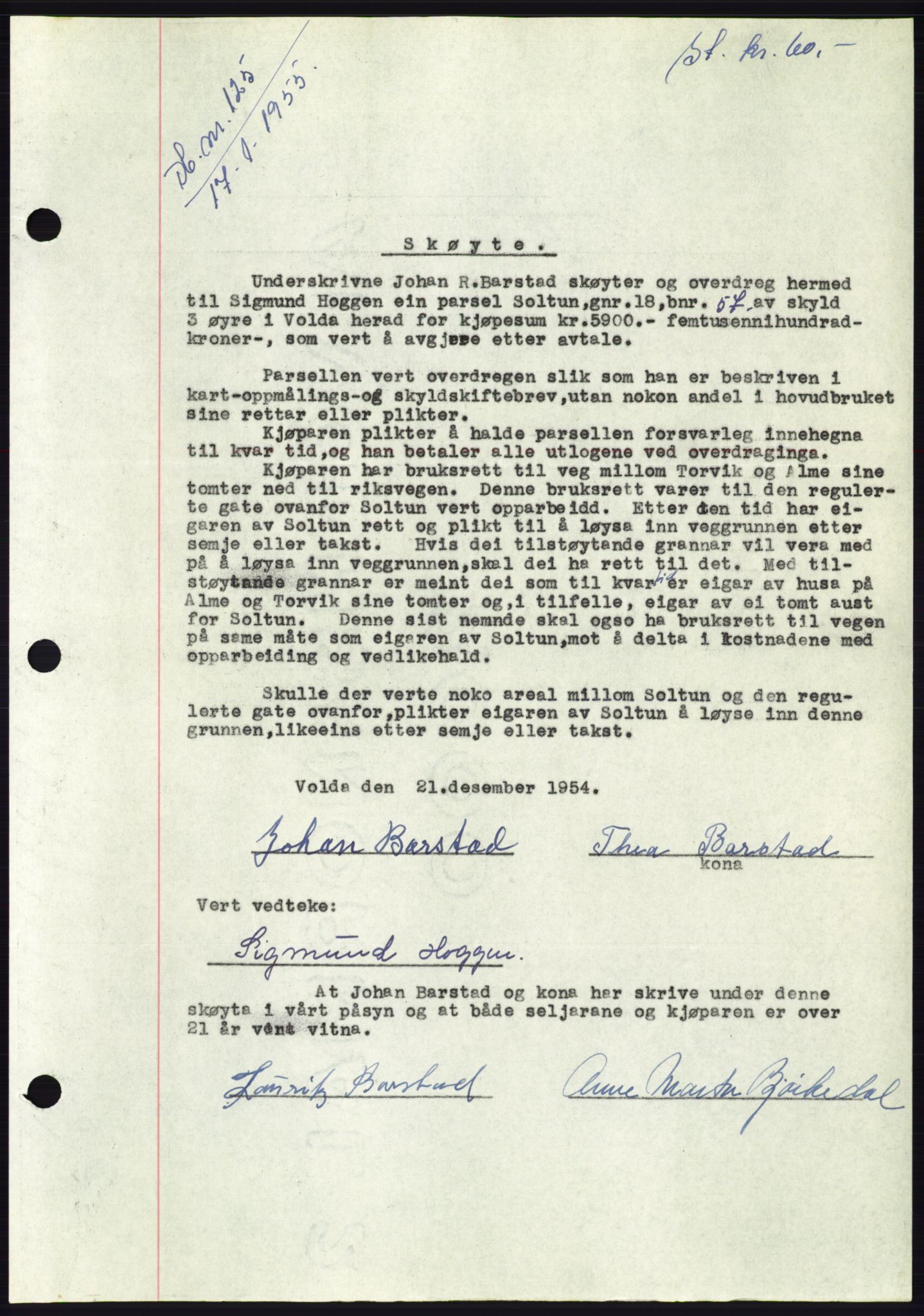 Søre Sunnmøre sorenskriveri, AV/SAT-A-4122/1/2/2C/L0100: Mortgage book no. 26A, 1954-1955, Diary no: : 125/1955