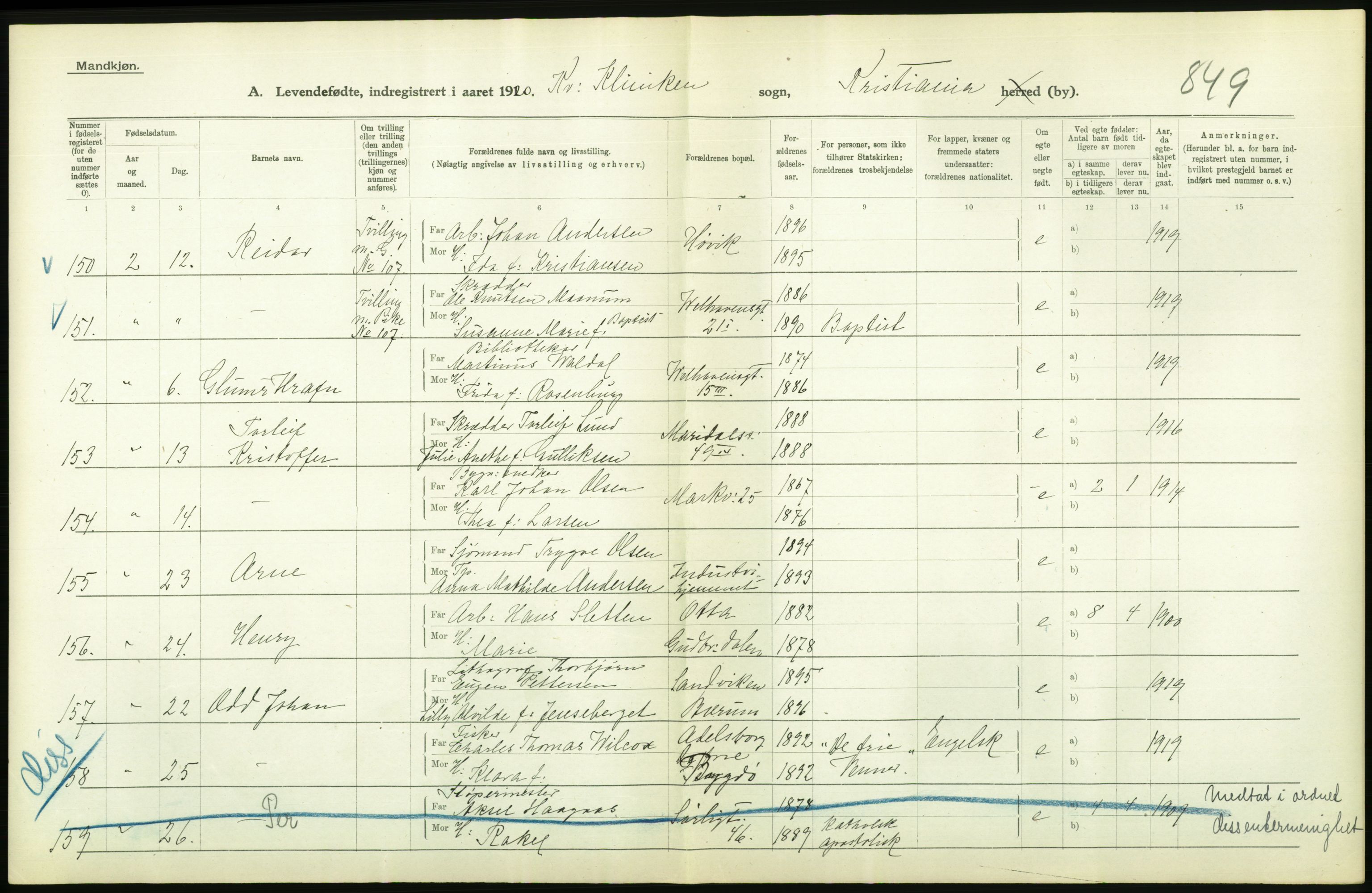 Statistisk sentralbyrå, Sosiodemografiske emner, Befolkning, AV/RA-S-2228/D/Df/Dfb/Dfbj/L0008: Kristiania: Levendefødte menn og kvinner., 1920, p. 354