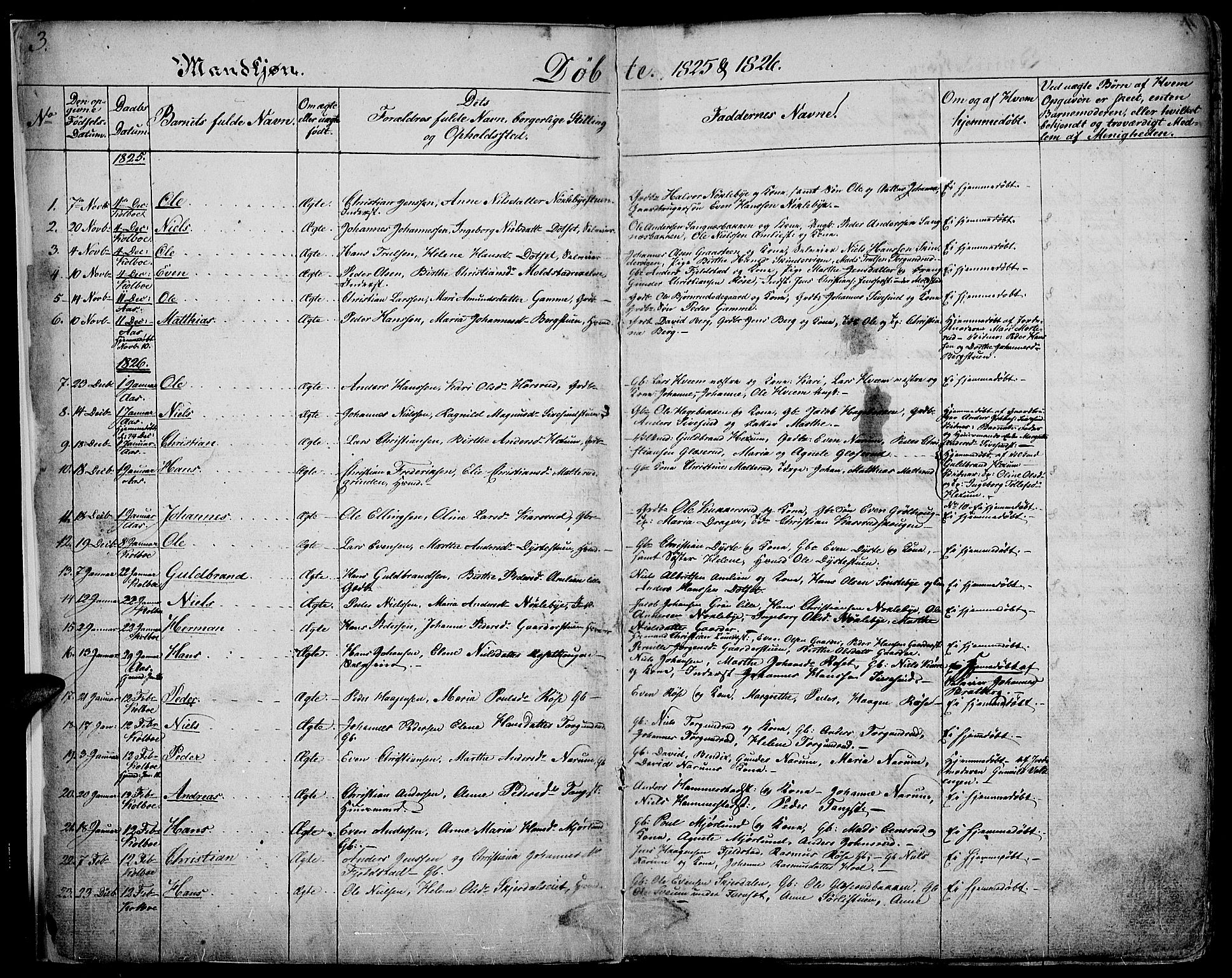 Vestre Toten prestekontor, SAH/PREST-108/H/Ha/Haa/L0002: Parish register (official) no. 2, 1825-1837, p. 3