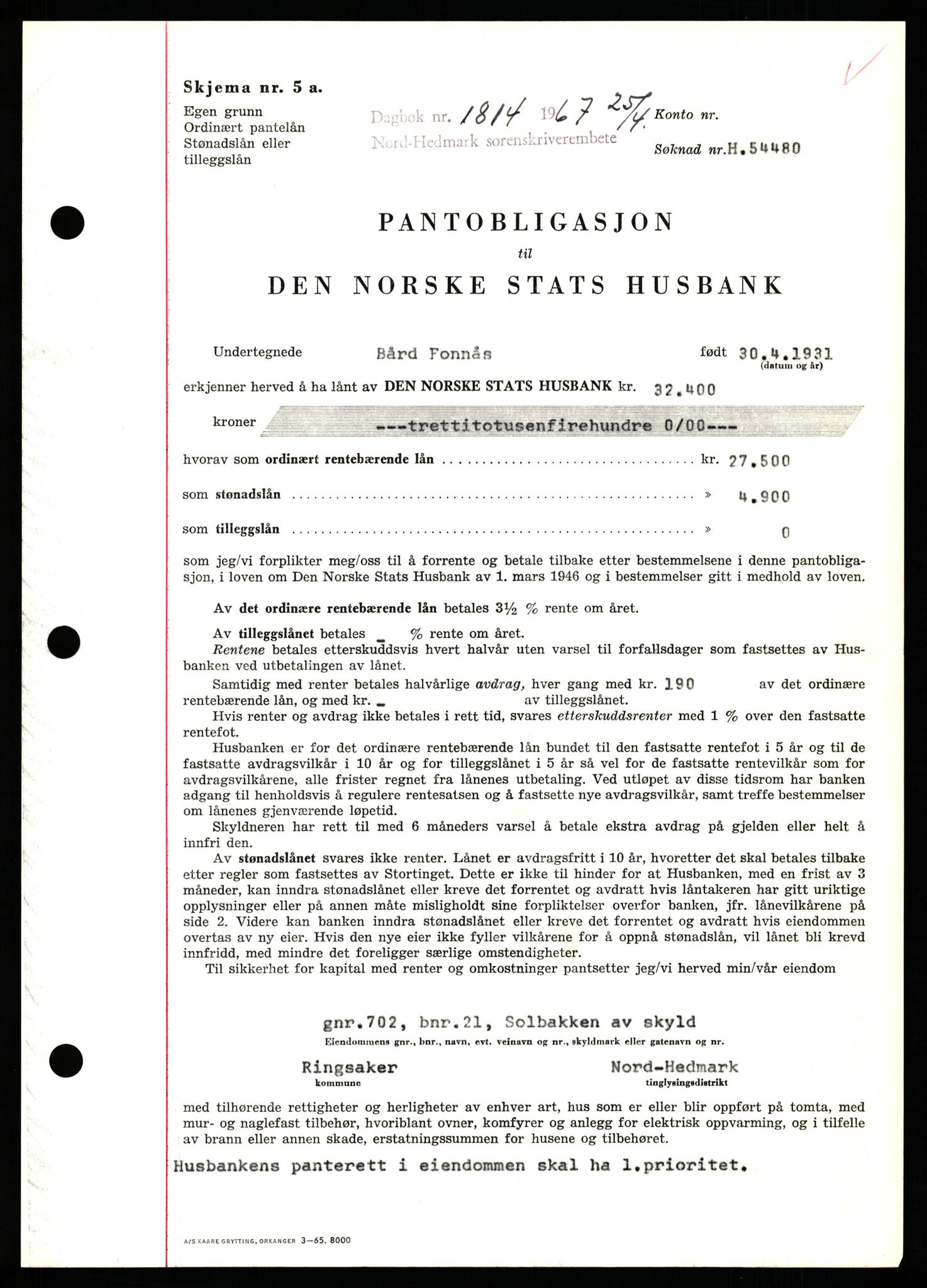 Nord-Hedmark sorenskriveri, SAH/TING-012/H/Hb/Hbf/L0071: Mortgage book no. B71, 1967-1967, Diary no: : 1814/1967
