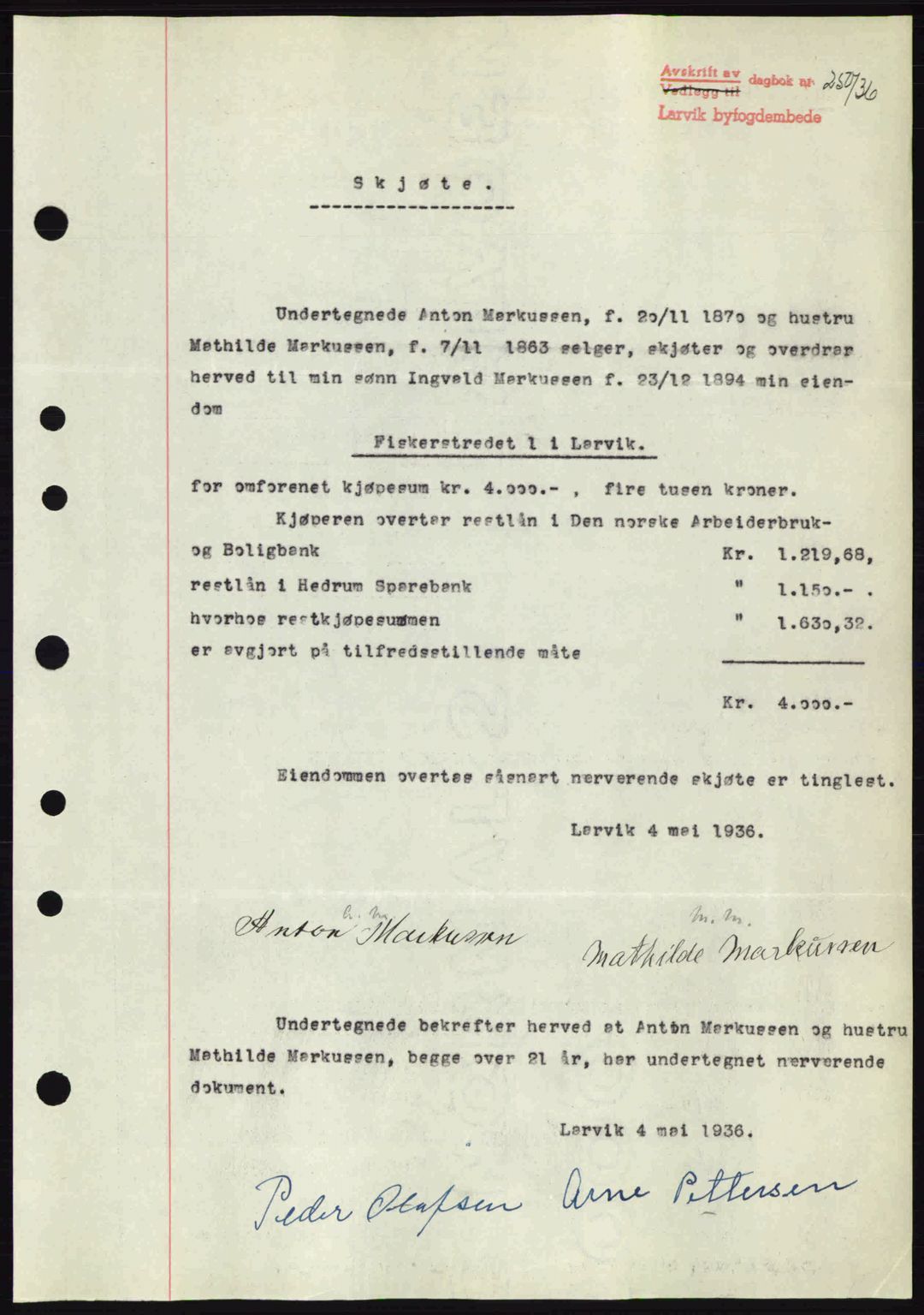 Larvik sorenskriveri, SAKO/A-83/G/Ga/Gab/L0067: Mortgage book no. A-1, 1936-1937, Diary no: : 250/1936