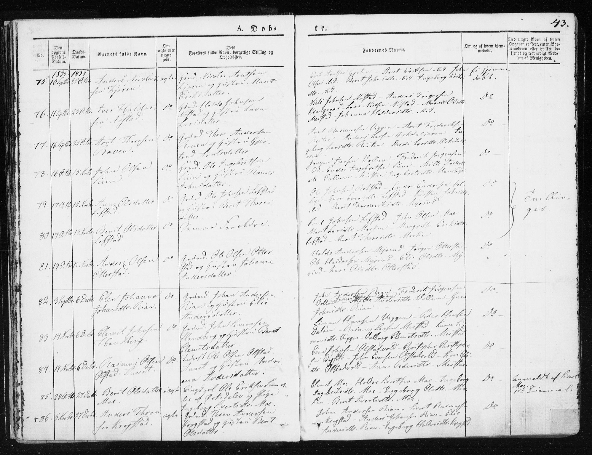 Ministerialprotokoller, klokkerbøker og fødselsregistre - Sør-Trøndelag, SAT/A-1456/665/L0771: Parish register (official) no. 665A06, 1830-1856, p. 43
